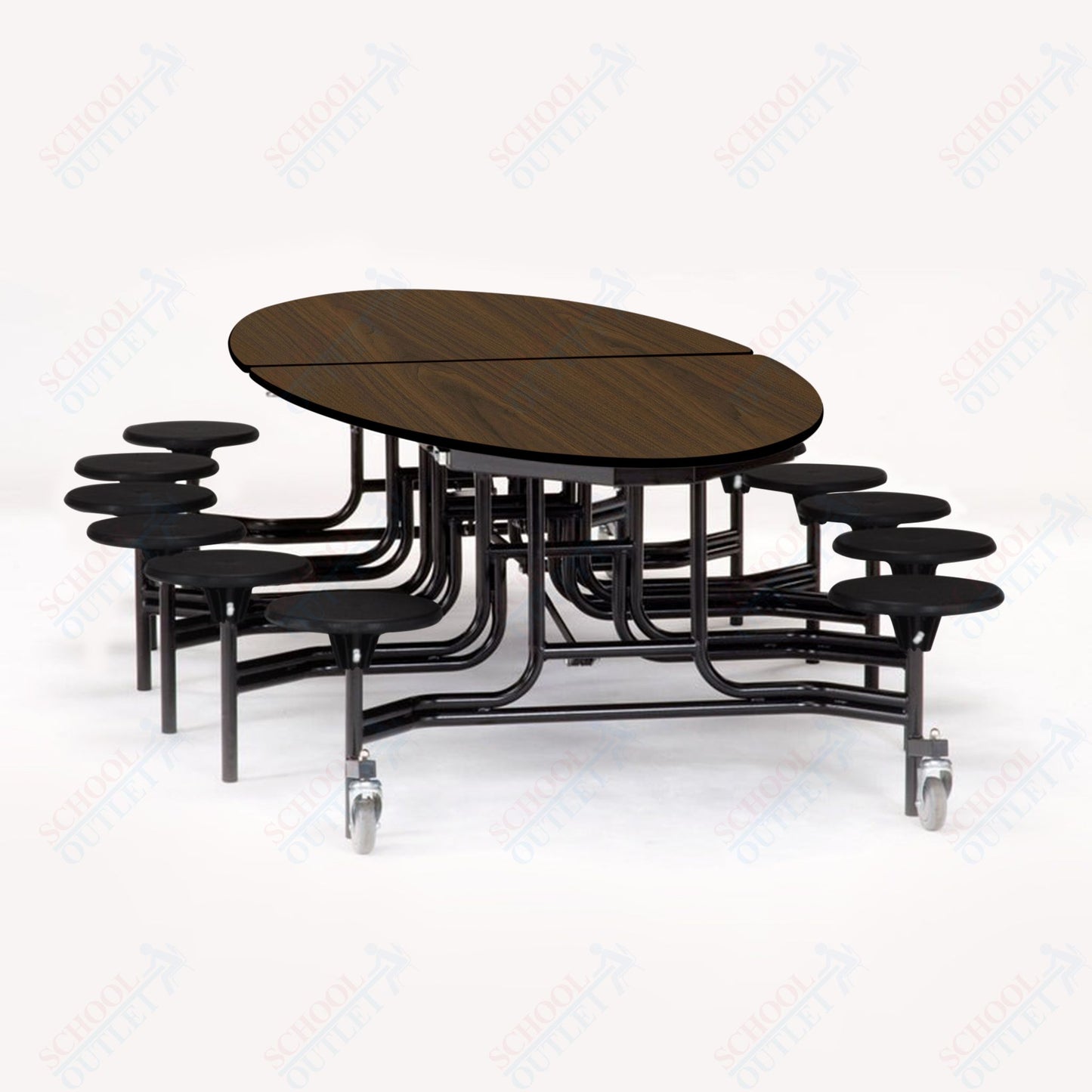 NPS 10' Elliptical Mobile Cafeteria Table - 12 Stools - Particleboard Core - T-Molding Edge - Black Powdercoated Frame