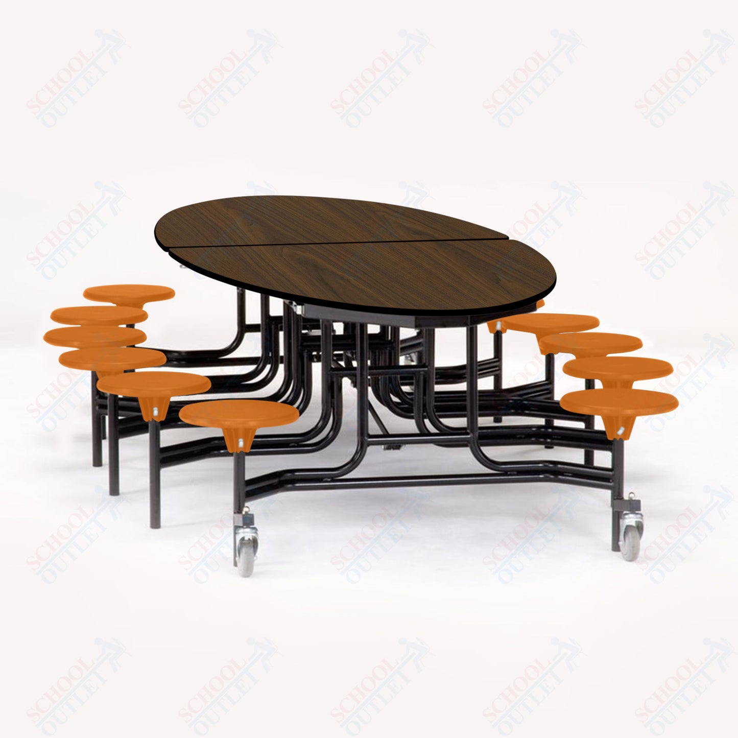 NPS 10' Elliptical Mobile Cafeteria Table - 12 Stools - Particleboard Core - T-Molding Edge - Black Powdercoated Frame