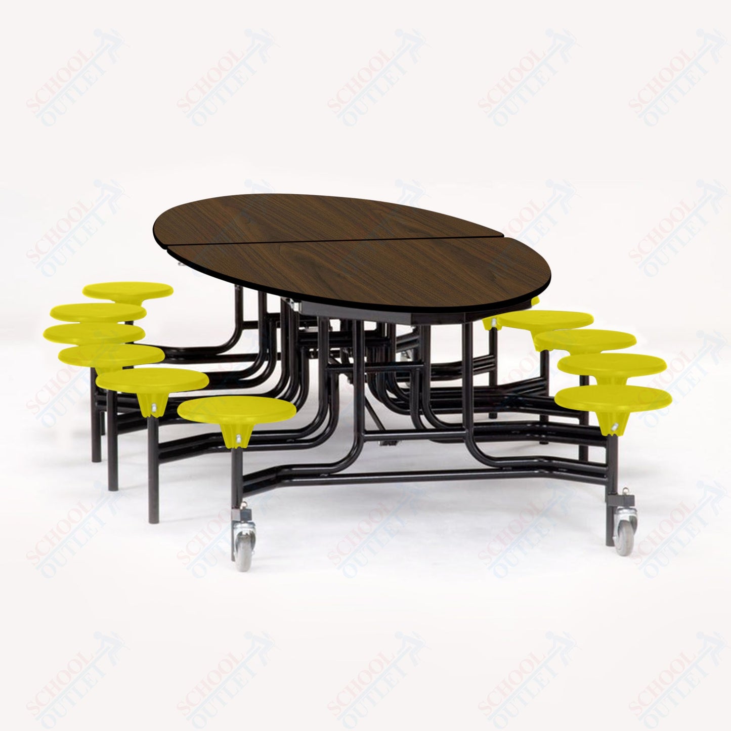 NPS 10' Elliptical Mobile Cafeteria Table - 12 Stools - Particleboard Core - T-Molding Edge - Black Powdercoated Frame