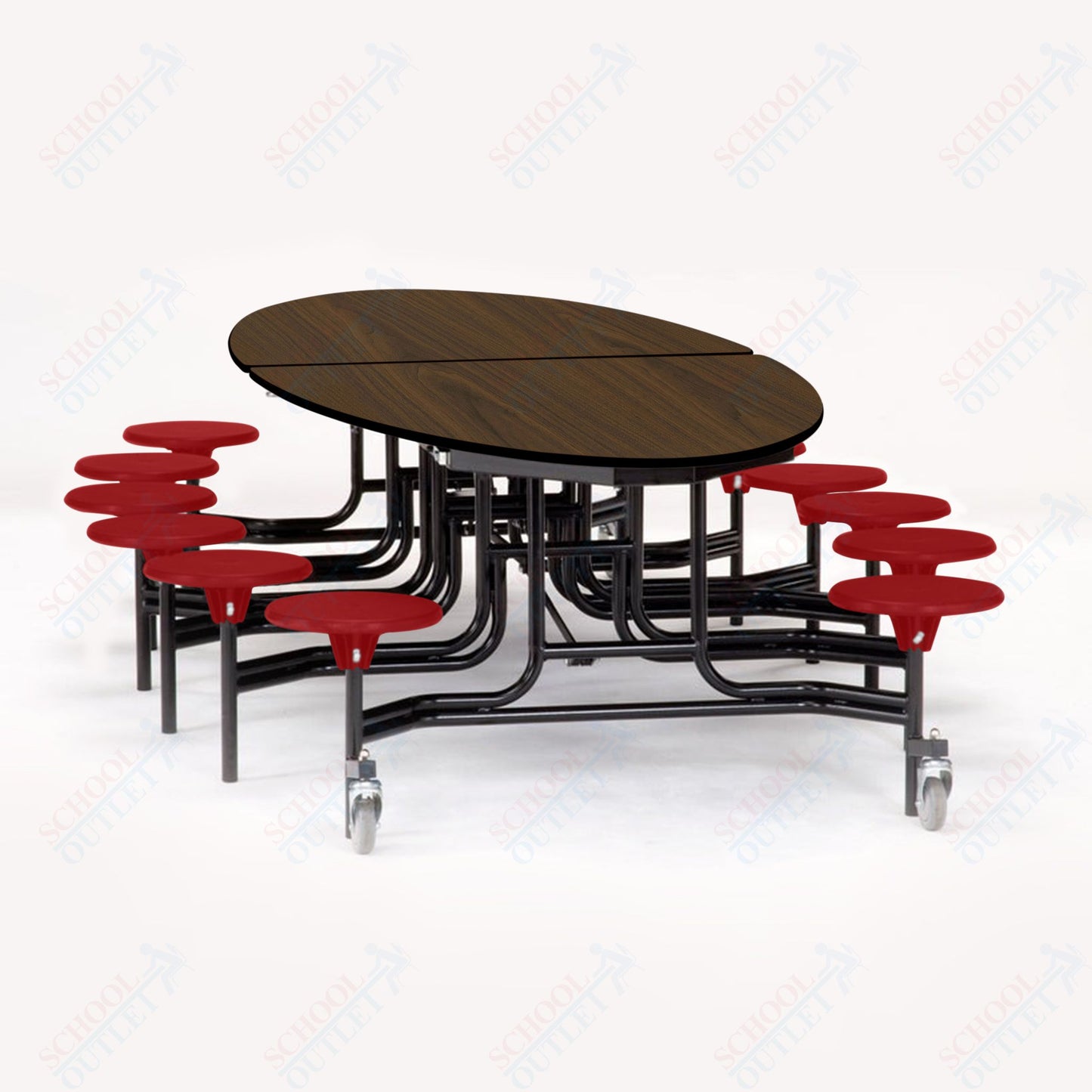 NPS 10' Elliptical Mobile Cafeteria Table - 12 Stools - Particleboard Core - T-Molding Edge - Black Powdercoated Frame