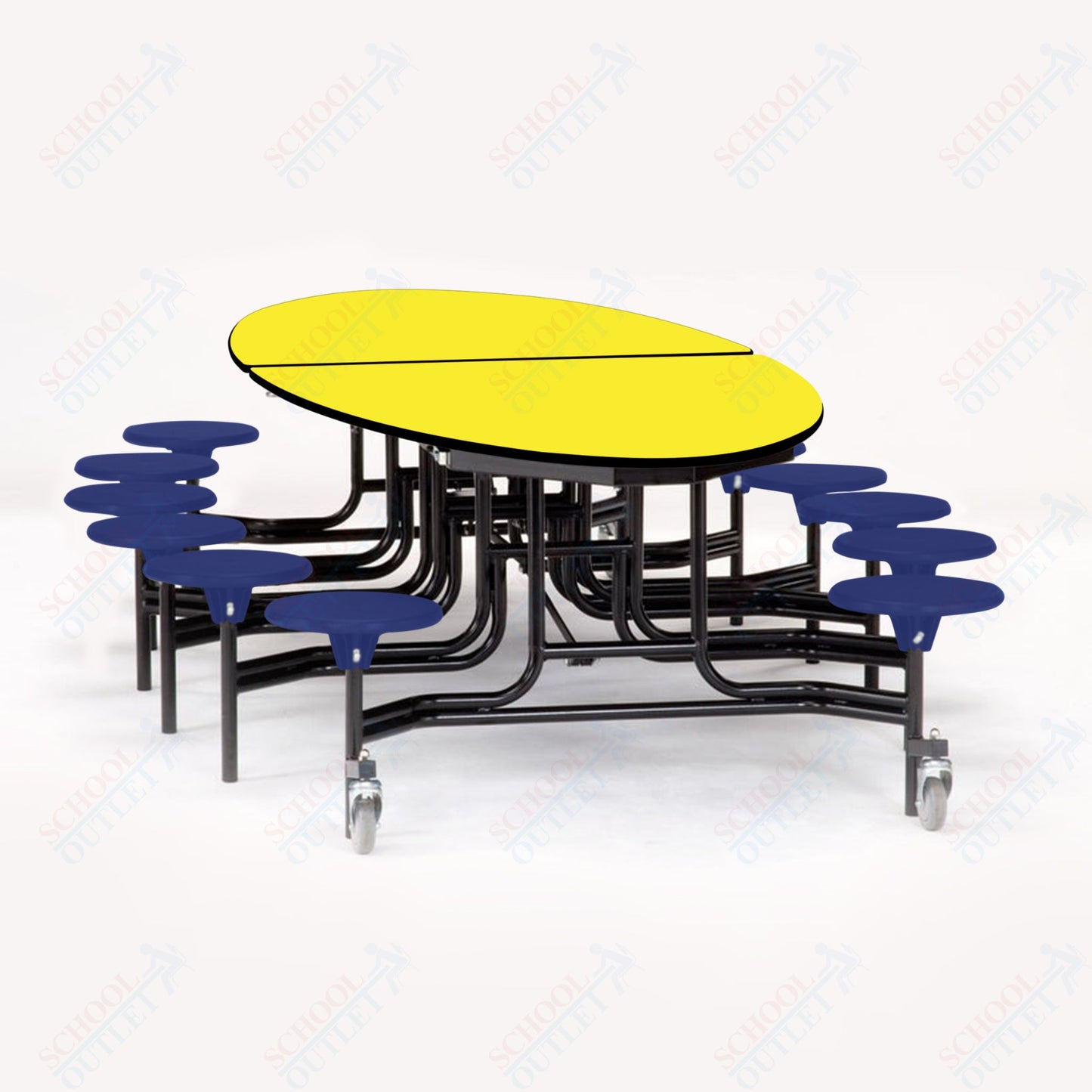 NPS 10' Elliptical Mobile Cafeteria Table - 12 Stools - Particleboard Core - T-Molding Edge - Black Powdercoated Frame