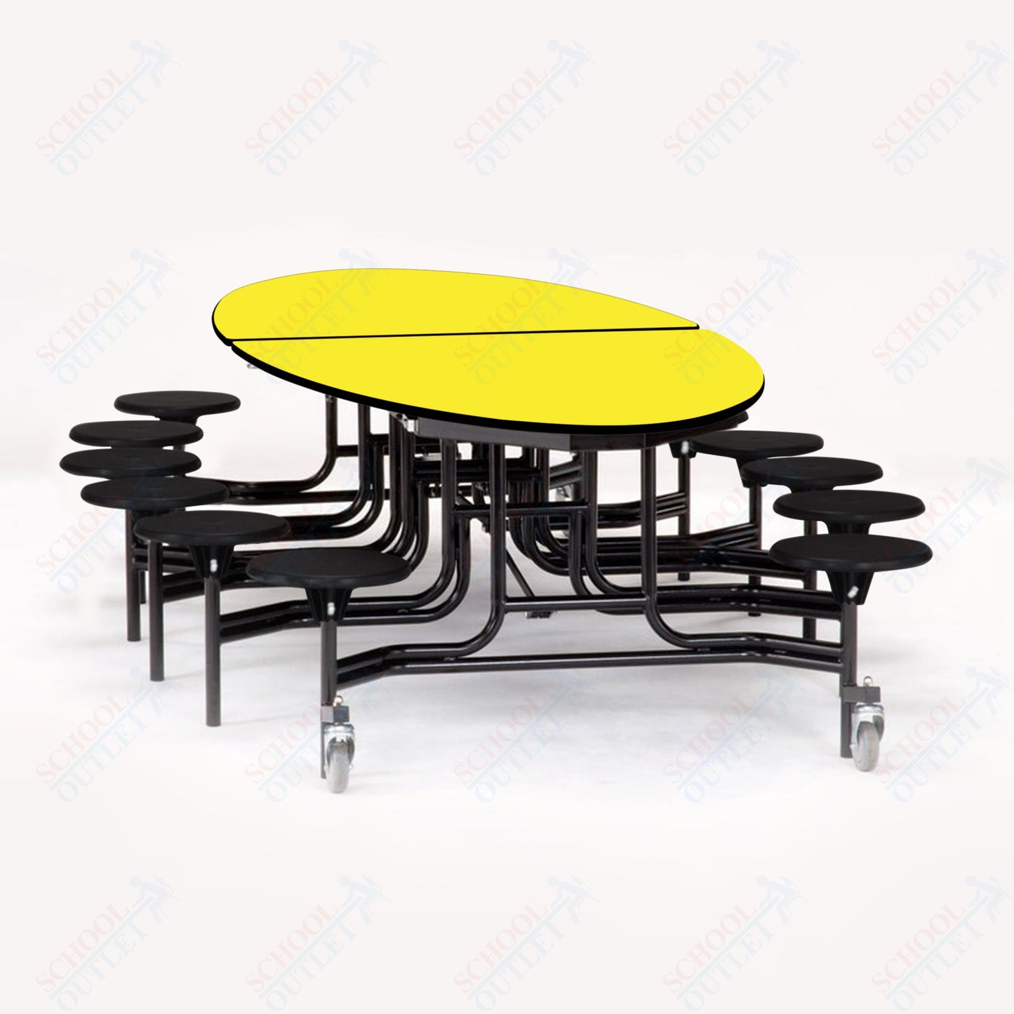 NPS 10' Elliptical Mobile Cafeteria Table - 12 Stools - Particleboard Core - T-Molding Edge - Black Powdercoated Frame