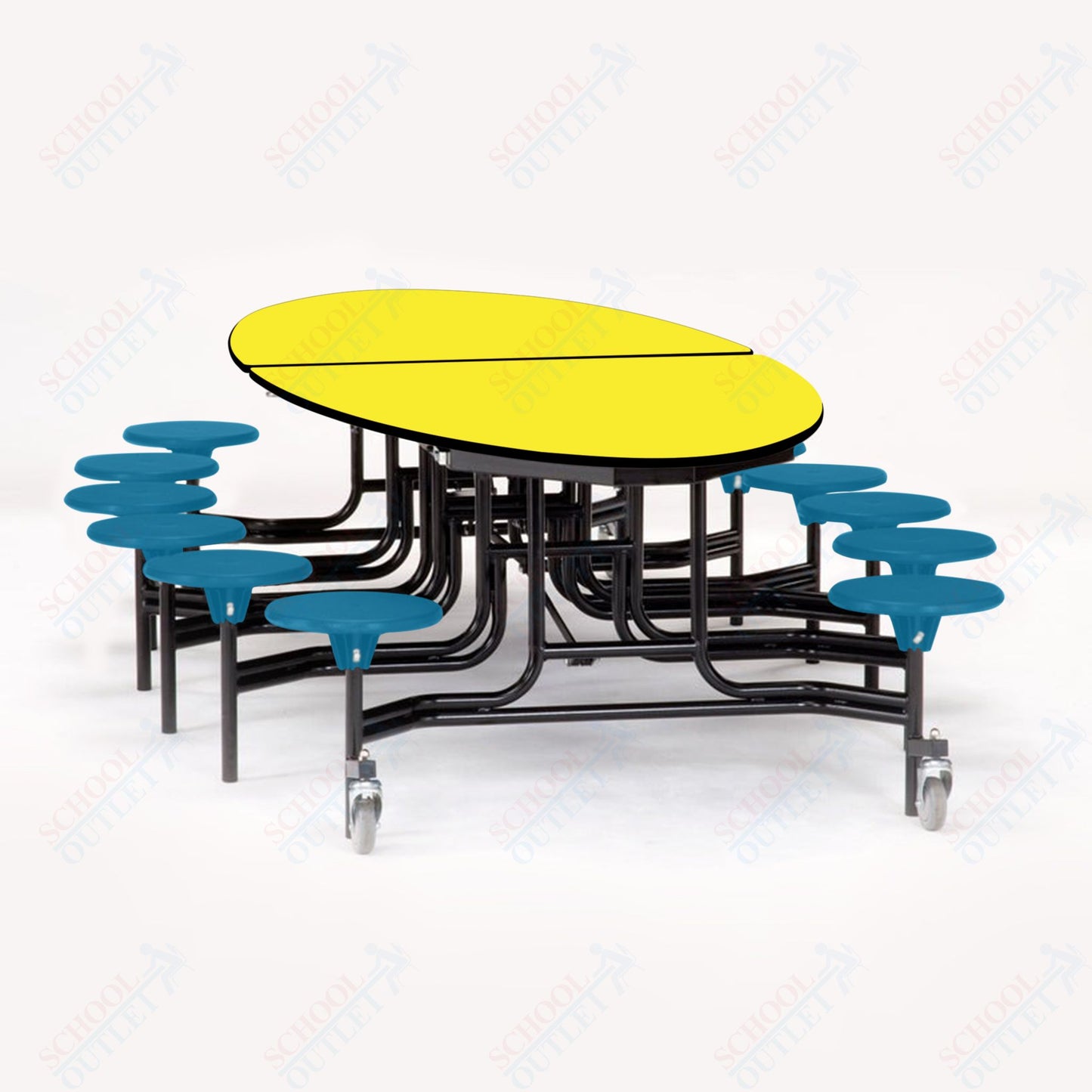 NPS 10' Elliptical Mobile Cafeteria Table - 12 Stools - Particleboard Core - T-Molding Edge - Black Powdercoated Frame