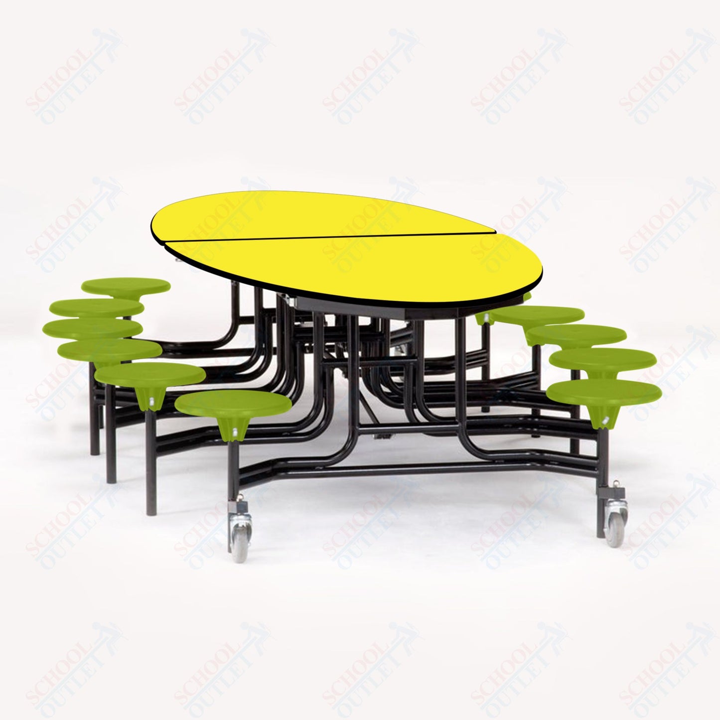 NPS 10' Elliptical Mobile Cafeteria Table - 12 Stools - Particleboard Core - T-Molding Edge - Black Powdercoated Frame