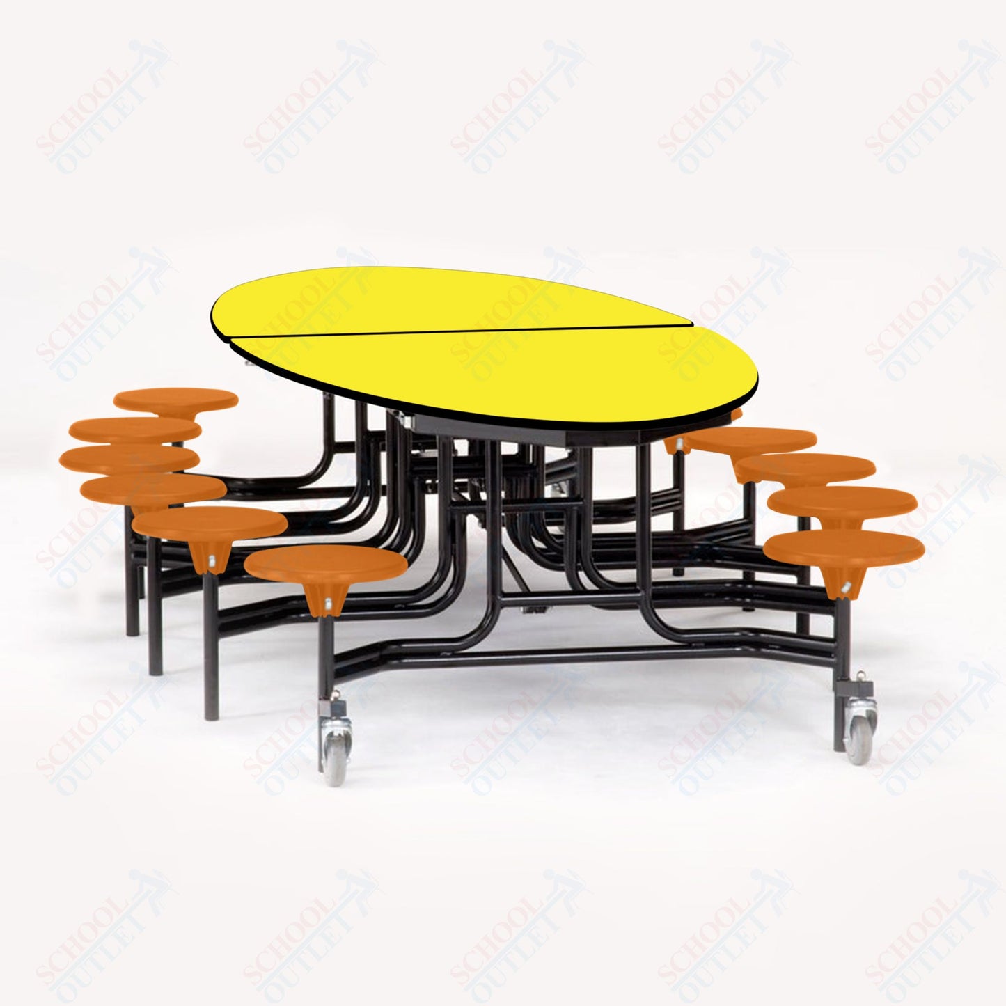 NPS 10' Elliptical Mobile Cafeteria Table - 12 Stools - Particleboard Core - T-Molding Edge - Black Powdercoated Frame