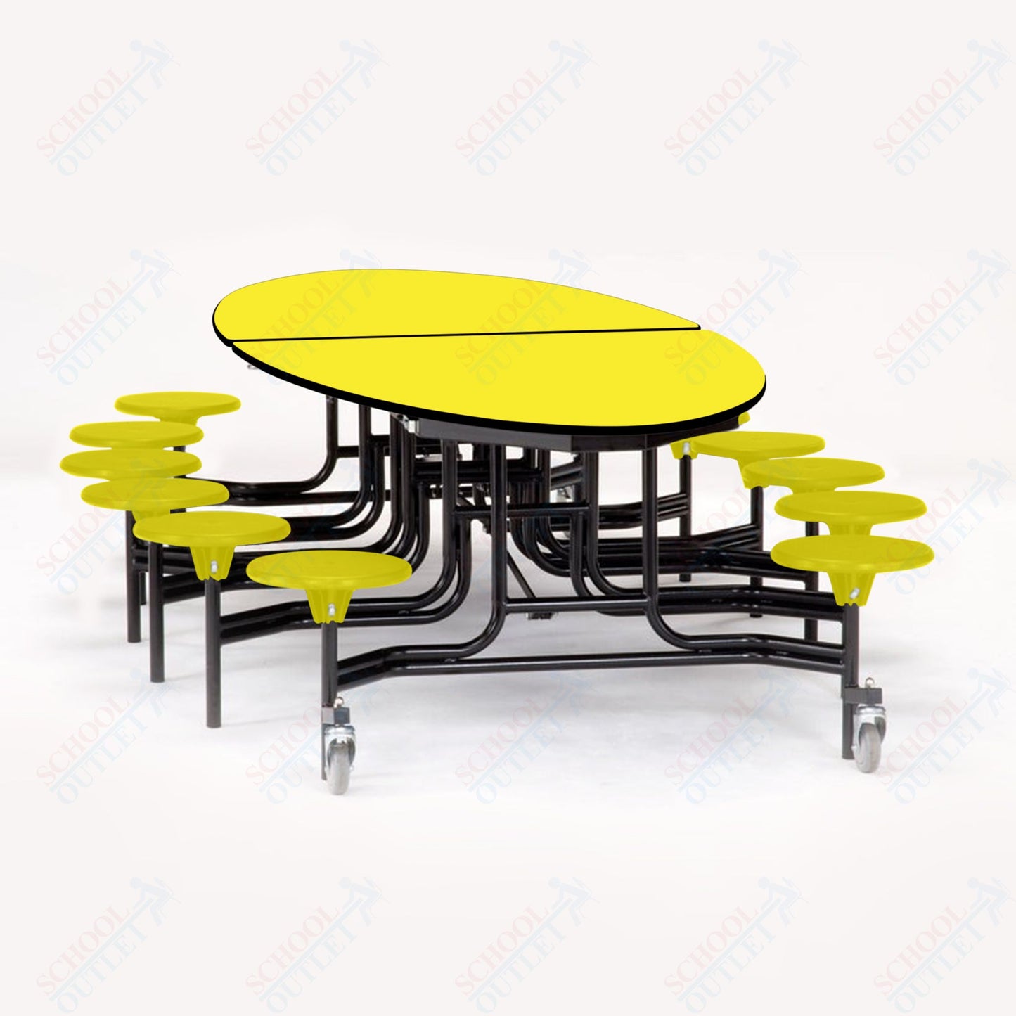 NPS 10' Elliptical Mobile Cafeteria Table - 12 Stools - Particleboard Core - T-Molding Edge - Black Powdercoated Frame