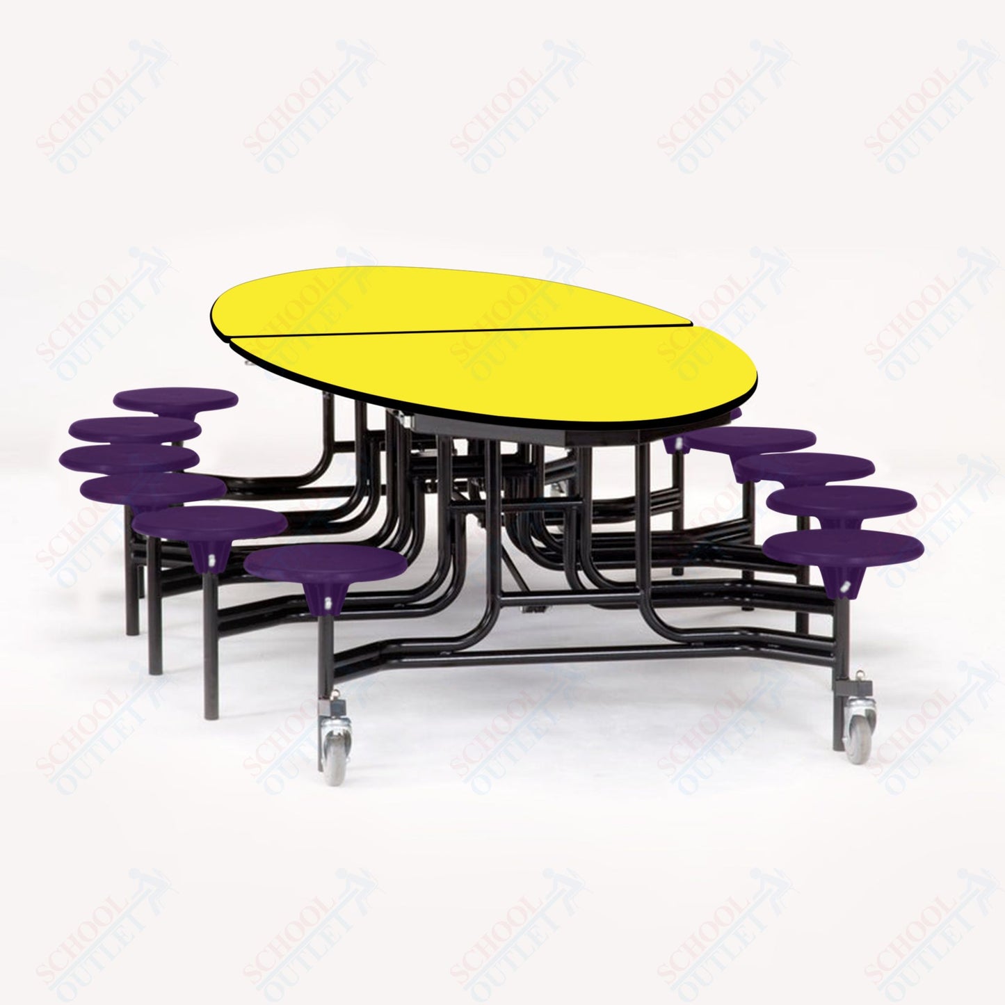 NPS 10' Elliptical Mobile Cafeteria Table - 12 Stools - Particleboard Core - T-Molding Edge - Black Powdercoated Frame