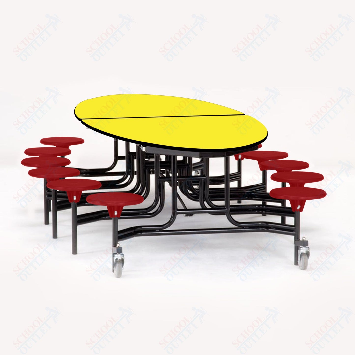 NPS 10' Elliptical Mobile Cafeteria Table - 12 Stools - Particleboard Core - T-Molding Edge - Black Powdercoated Frame