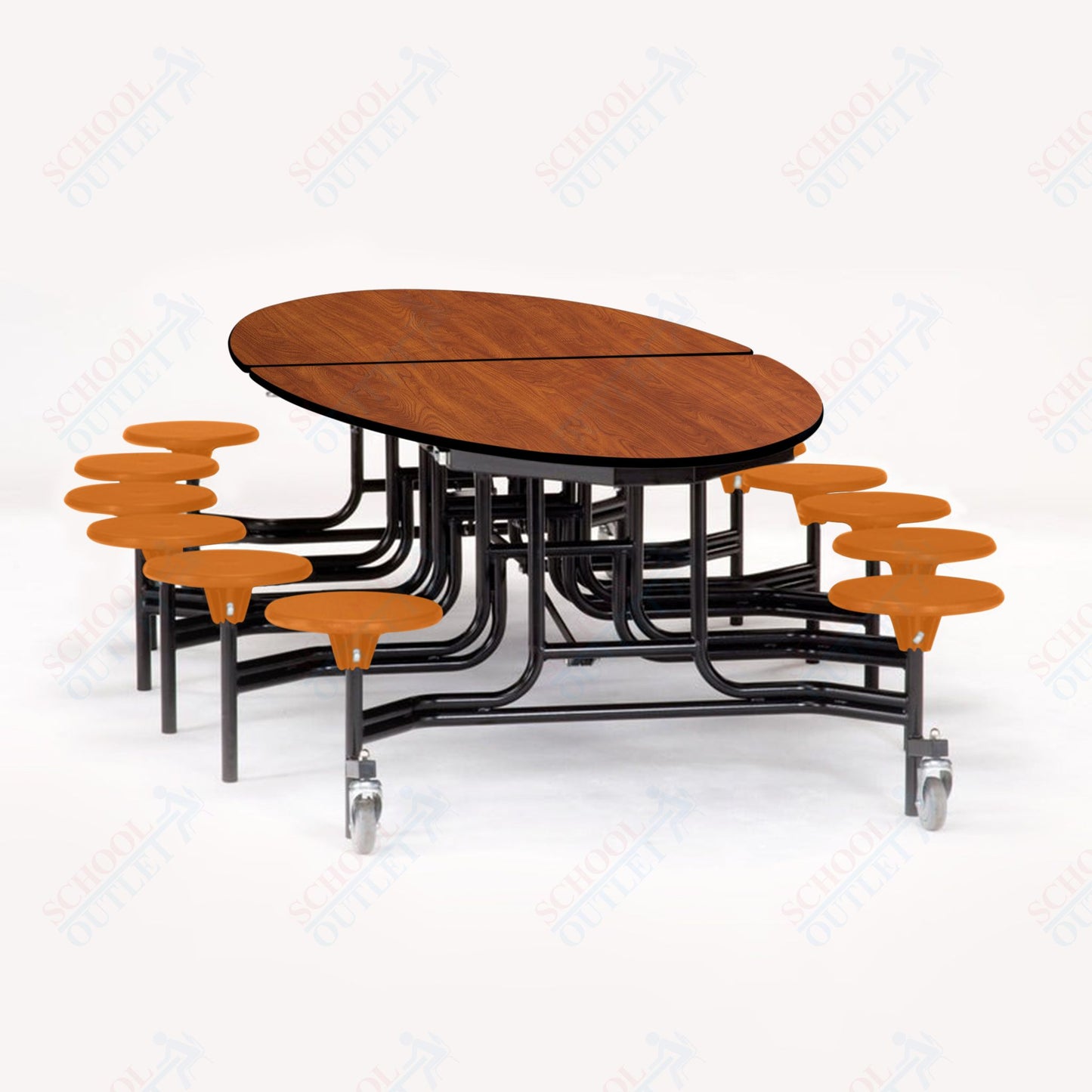 NPS 10' Elliptical Mobile Cafeteria Table - 12 Stools - Plywood Core - T-Molding Edge - Black Powdercoated Frame