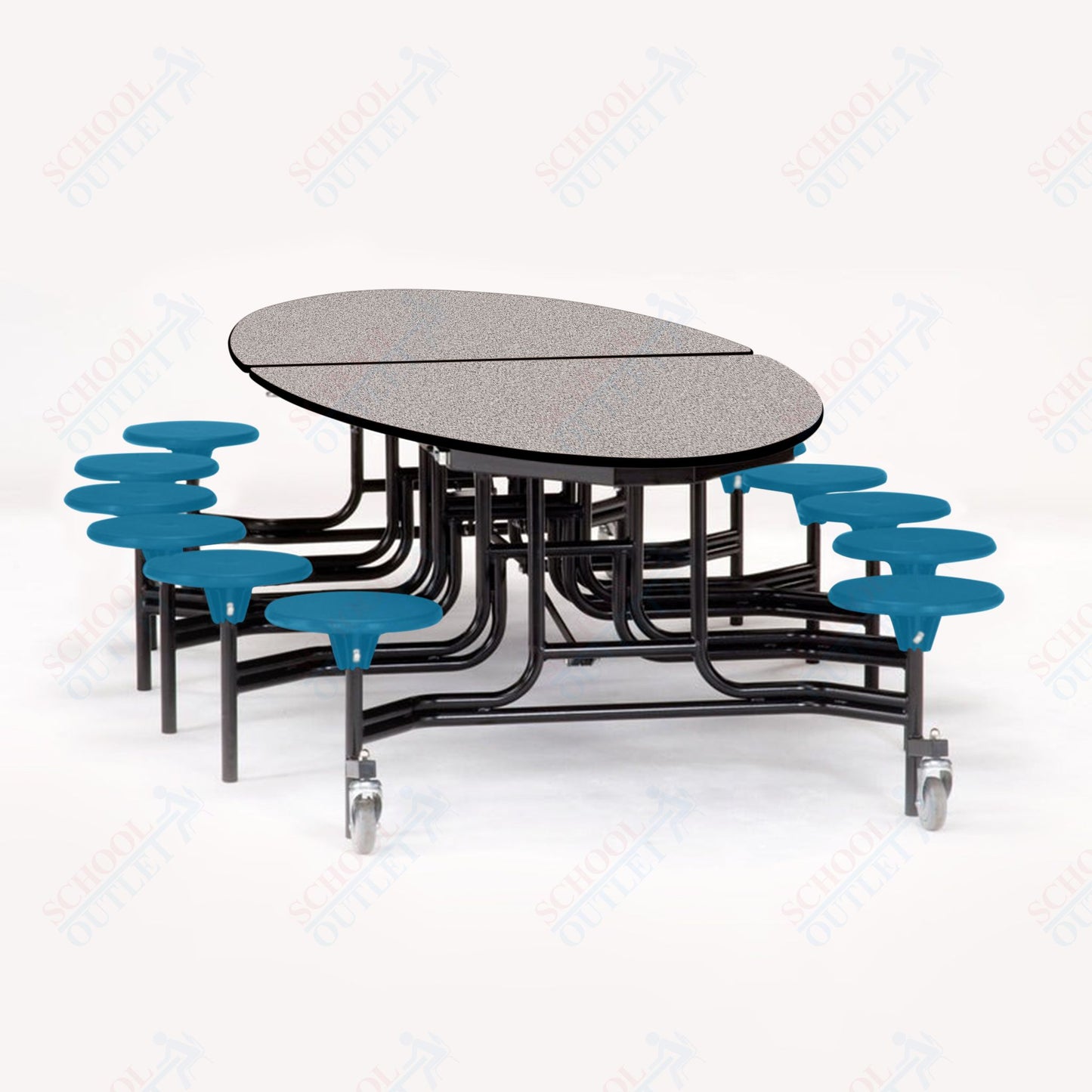 NPS 10' Elliptical Mobile Cafeteria Table - 12 Stools - Plywood Core - T-Molding Edge - Black Powdercoated Frame