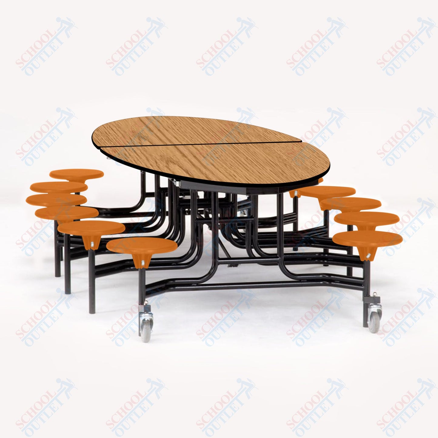 NPS 10' Elliptical Mobile Cafeteria Table - 12 Stools - Plywood Core - T-Molding Edge - Black Powdercoated Frame