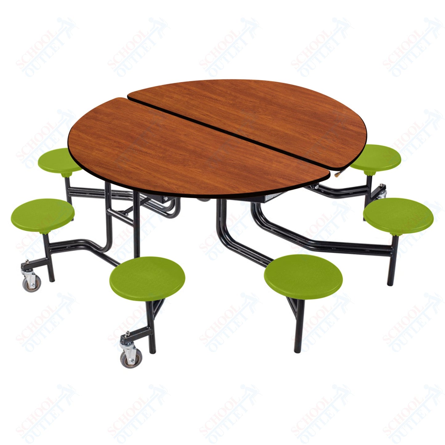 NPS 60" Round Mobile Cafeteria Table - 8 Stools - MDF Core - Protected Edge - Black Powdercoated Frame