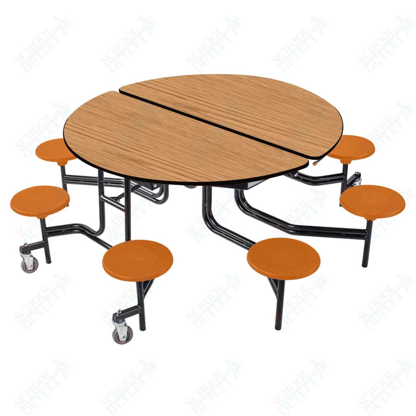 NPS 60" Round Mobile Cafeteria Table - 8 Stools - MDF Core - Protected Edge - Black Powdercoated Frame