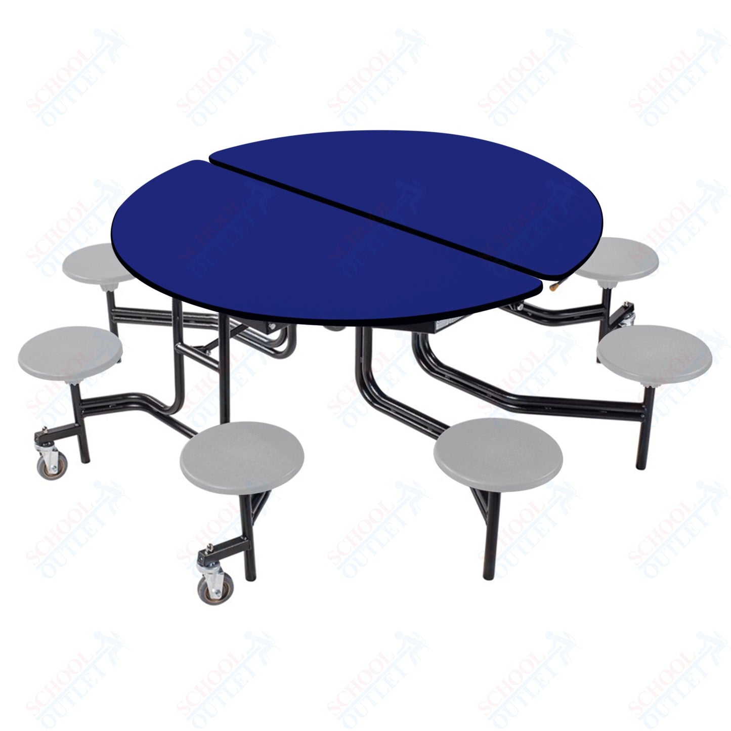 NPS 60" Round Mobile Cafeteria Table - 8 Stools - Particleboard Core - T-Molding Edge - Black Powdercoated Frame