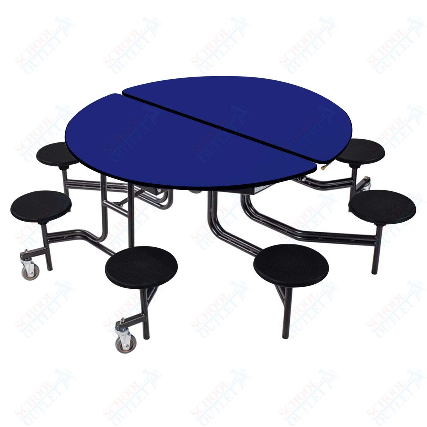 NPS 60" Round Mobile Cafeteria Table - 8 Stools - Particleboard Core - T-Molding Edge - Black Powdercoated Frame