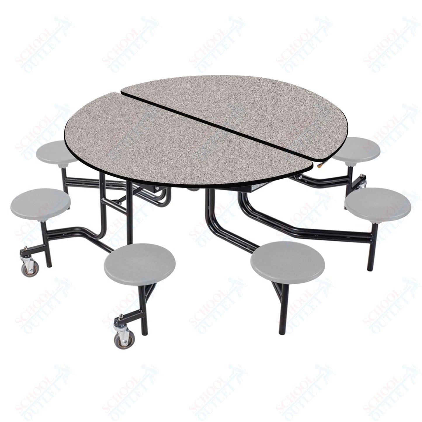 NPS 60" Round Mobile Cafeteria Table - 8 Stools - Particleboard Core - T-Molding Edge - Black Powdercoated Frame