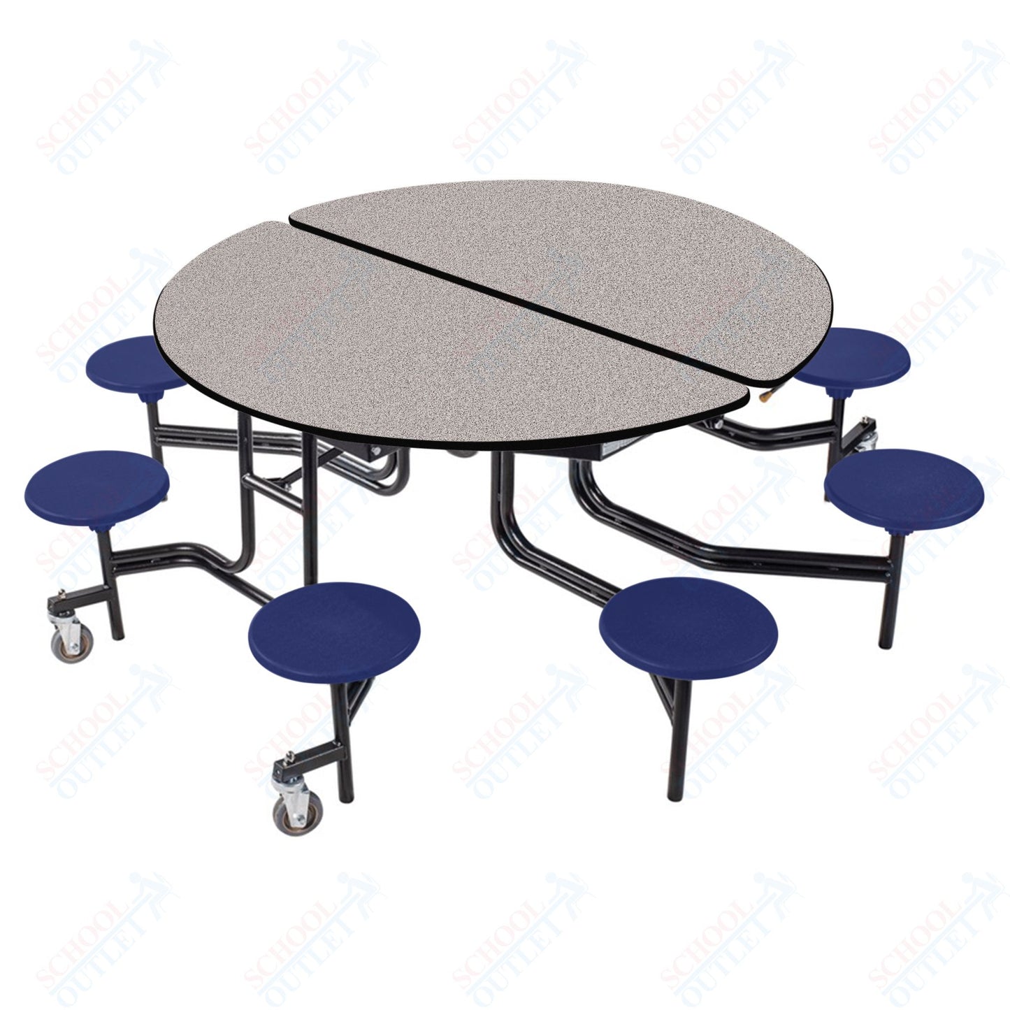 NPS 60" Round Mobile Cafeteria Table - 8 Stools - Particleboard Core - T-Molding Edge - Black Powdercoated Frame