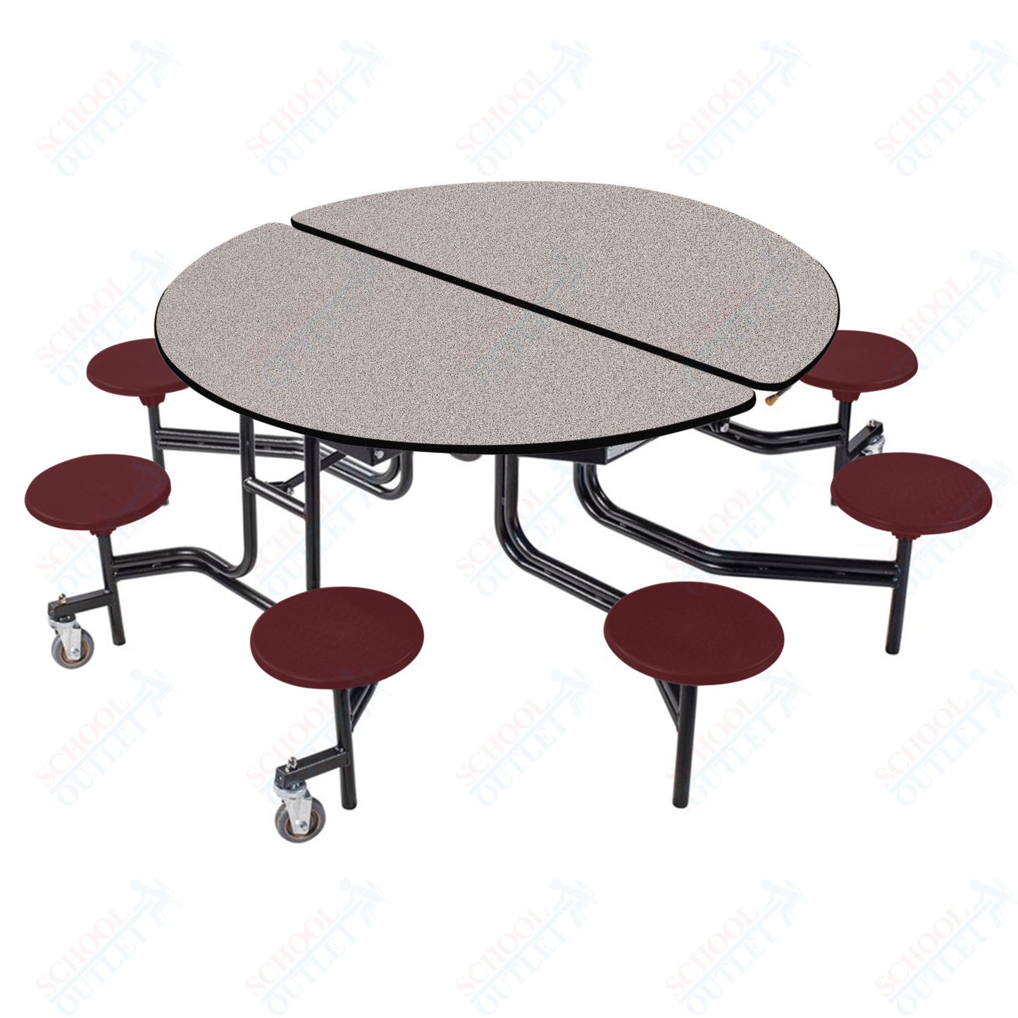 NPS 60" Round Mobile Cafeteria Table - 8 Stools - Particleboard Core - T-Molding Edge - Black Powdercoated Frame
