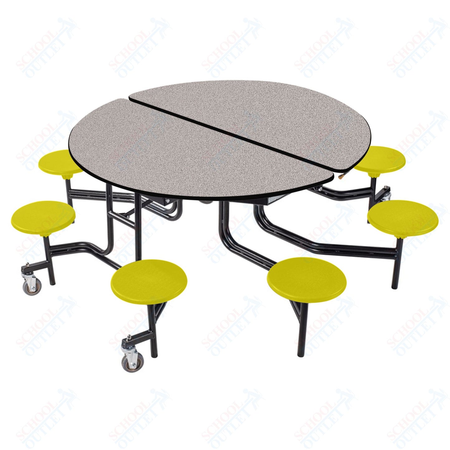 NPS 60" Round Mobile Cafeteria Table - 8 Stools - Particleboard Core - T-Molding Edge - Black Powdercoated Frame