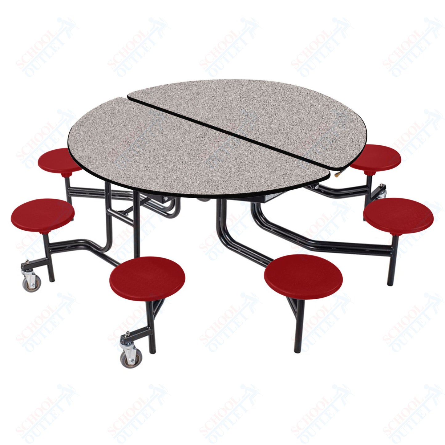 NPS 60" Round Mobile Cafeteria Table - 8 Stools - Particleboard Core - T-Molding Edge - Black Powdercoated Frame