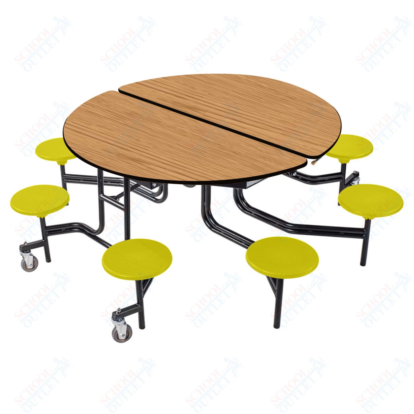 NPS 60" Round Mobile Cafeteria Table - 8 Stools - Particleboard Core - T-Molding Edge - Black Powdercoated Frame