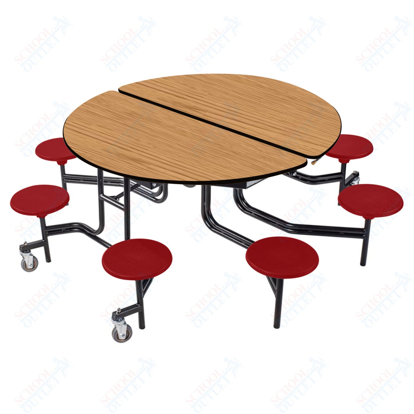 NPS 60" Round Mobile Cafeteria Table - 8 Stools - Particleboard Core - T-Molding Edge - Black Powdercoated Frame