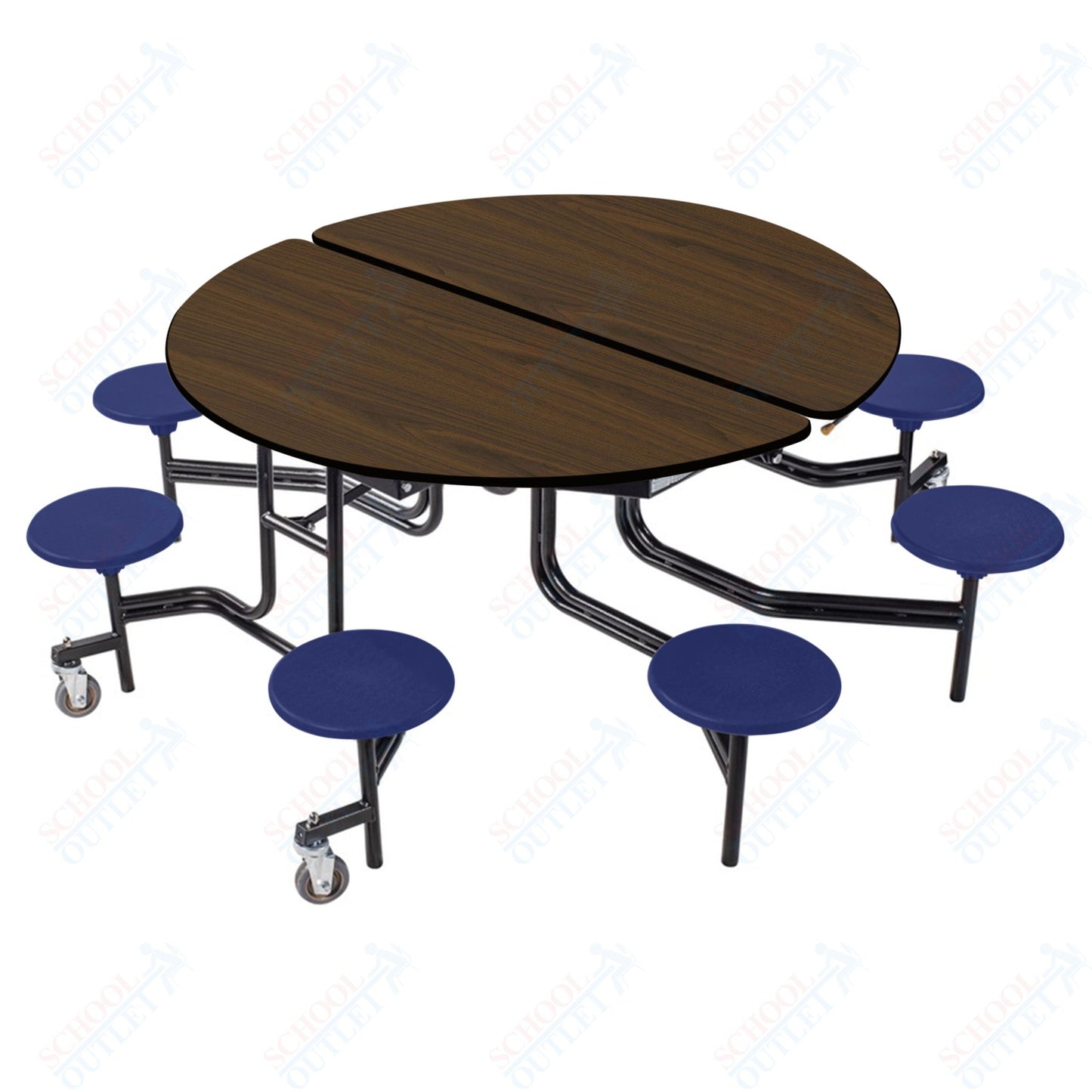 NPS 60" Round Mobile Cafeteria Table - 8 Stools - Particleboard Core - T-Molding Edge - Black Powdercoated Frame