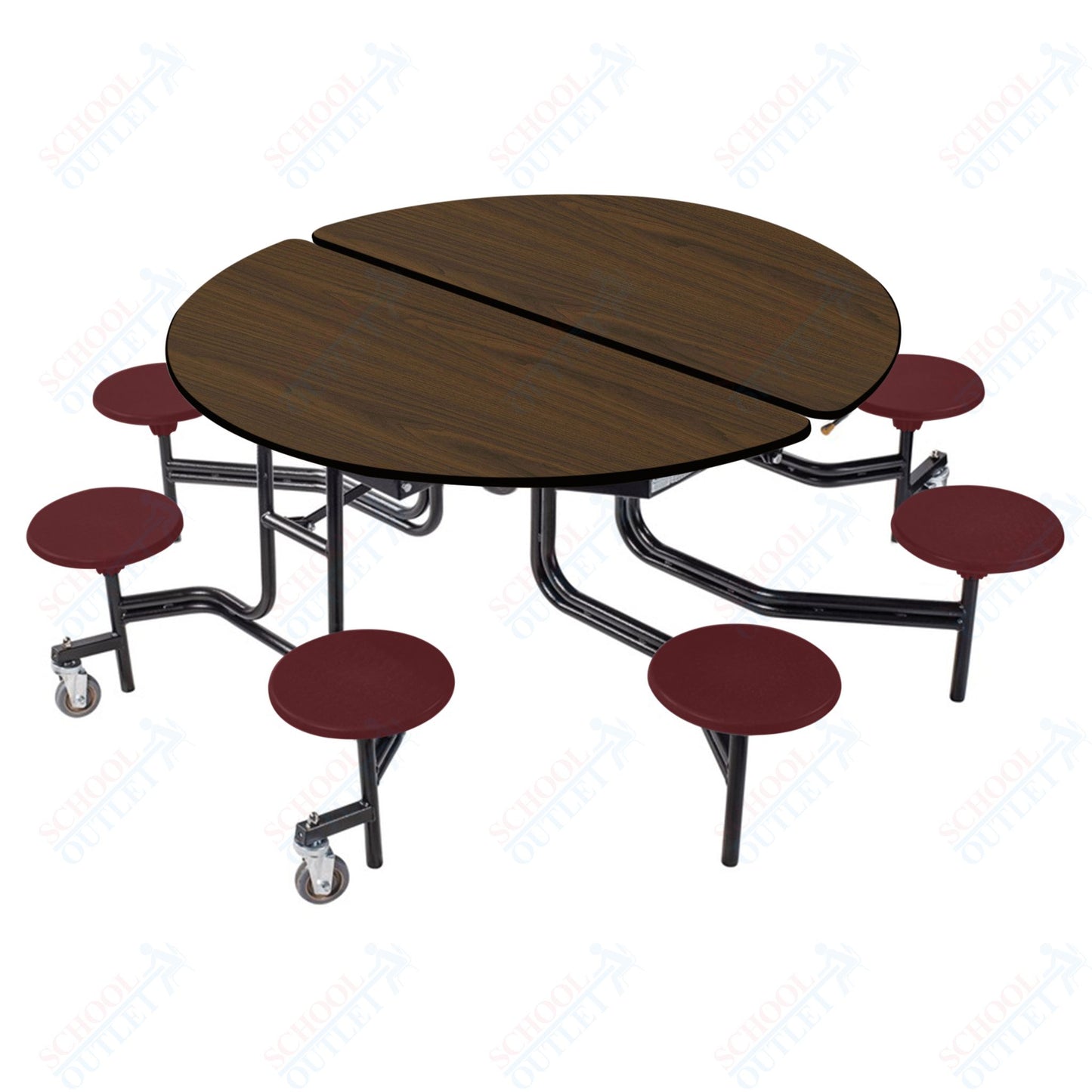 NPS 60" Round Mobile Cafeteria Table - 8 Stools - Particleboard Core - T-Molding Edge - Black Powdercoated Frame