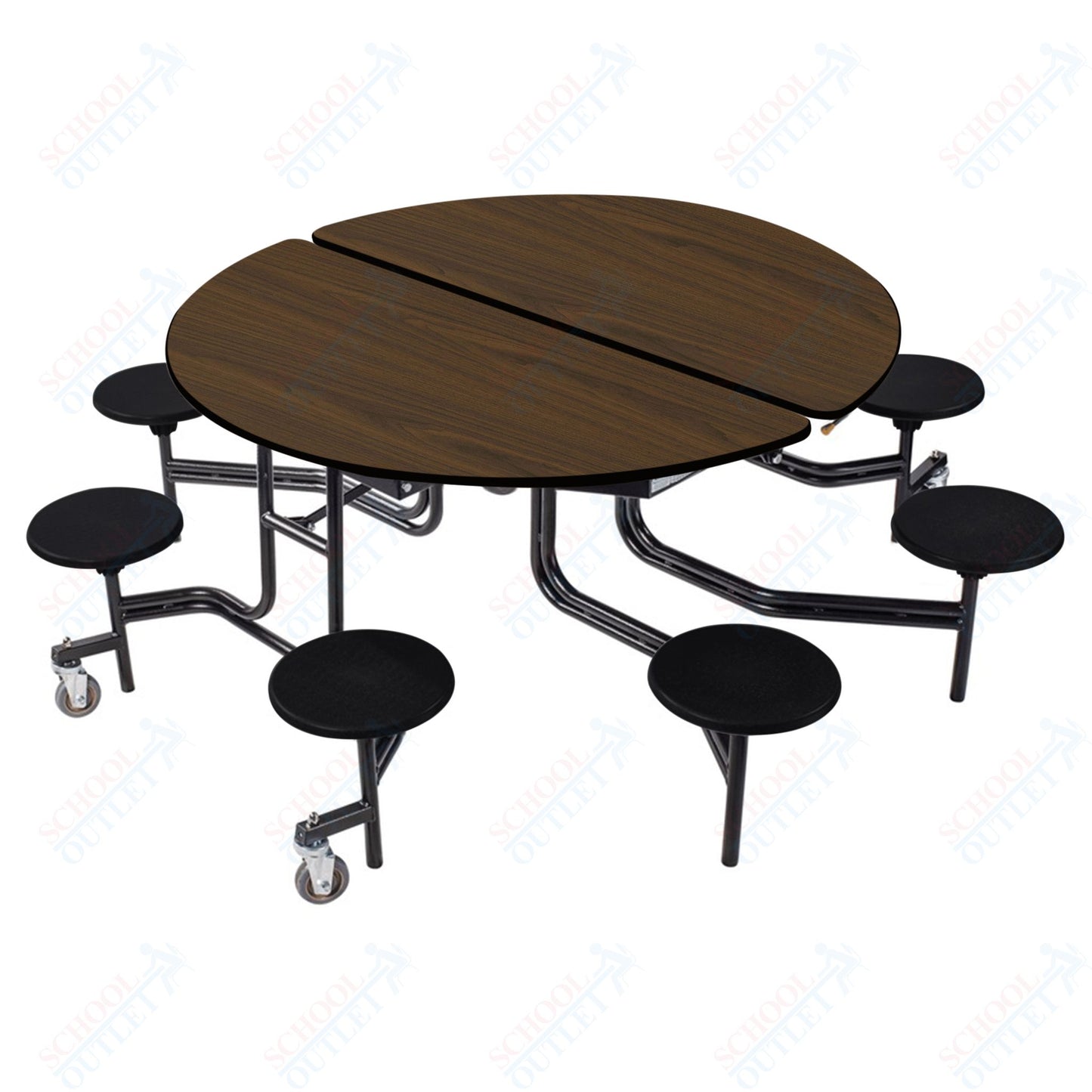 NPS 60" Round Mobile Cafeteria Table - 8 Stools - Particleboard Core - T-Molding Edge - Black Powdercoated Frame