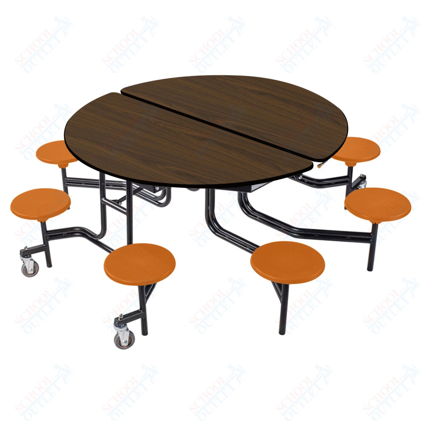 NPS 60" Round Mobile Cafeteria Table - 8 Stools - Particleboard Core - T-Molding Edge - Black Powdercoated Frame