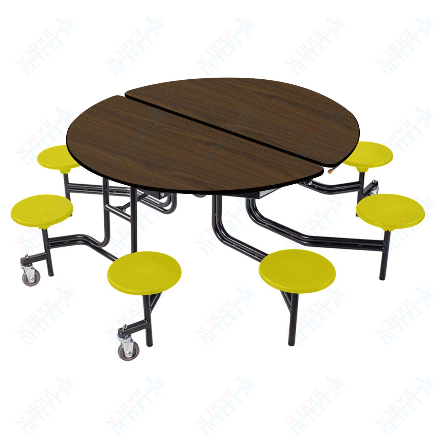 NPS 60" Round Mobile Cafeteria Table - 8 Stools - Particleboard Core - T-Molding Edge - Black Powdercoated Frame