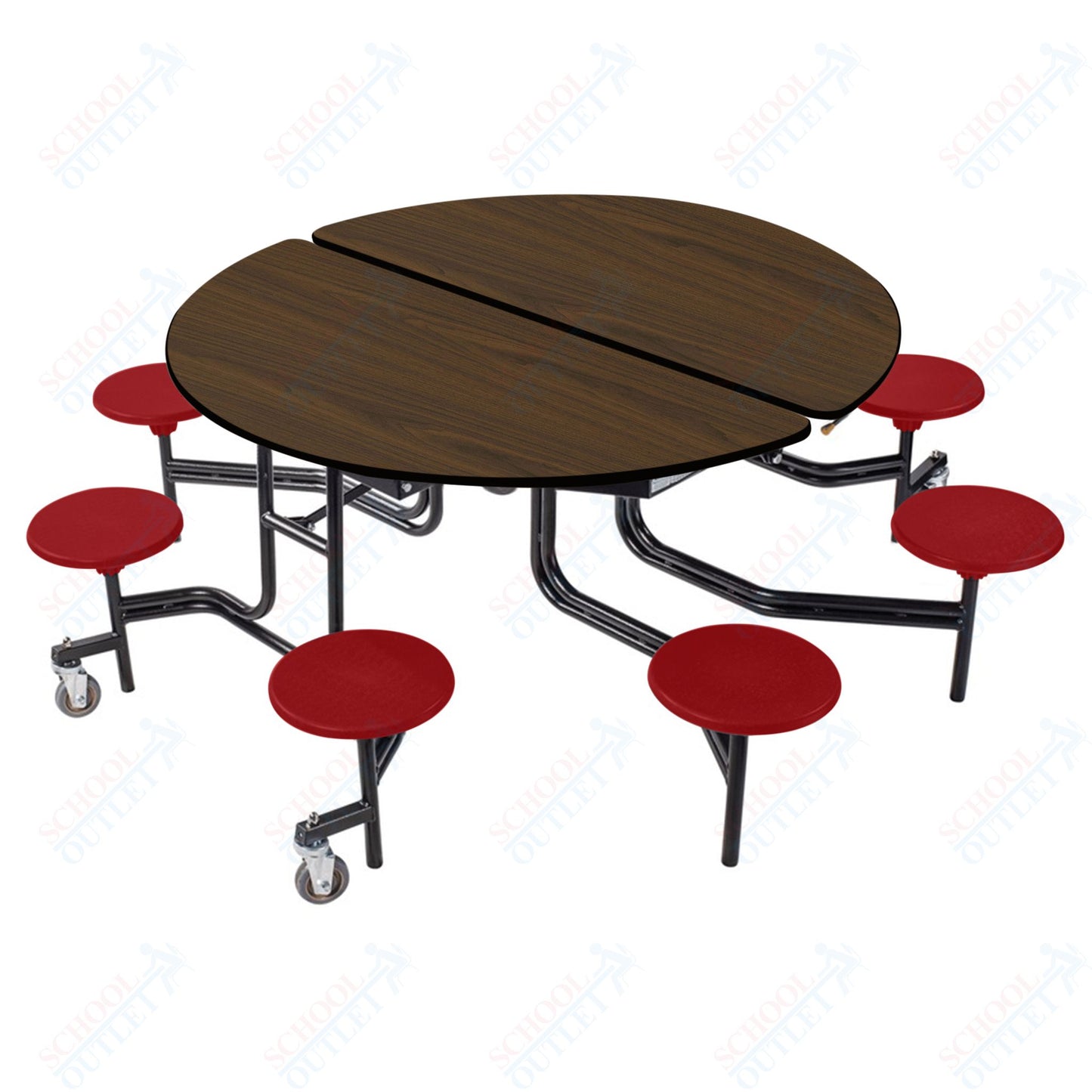 NPS 60" Round Mobile Cafeteria Table - 8 Stools - Particleboard Core - T-Molding Edge - Black Powdercoated Frame