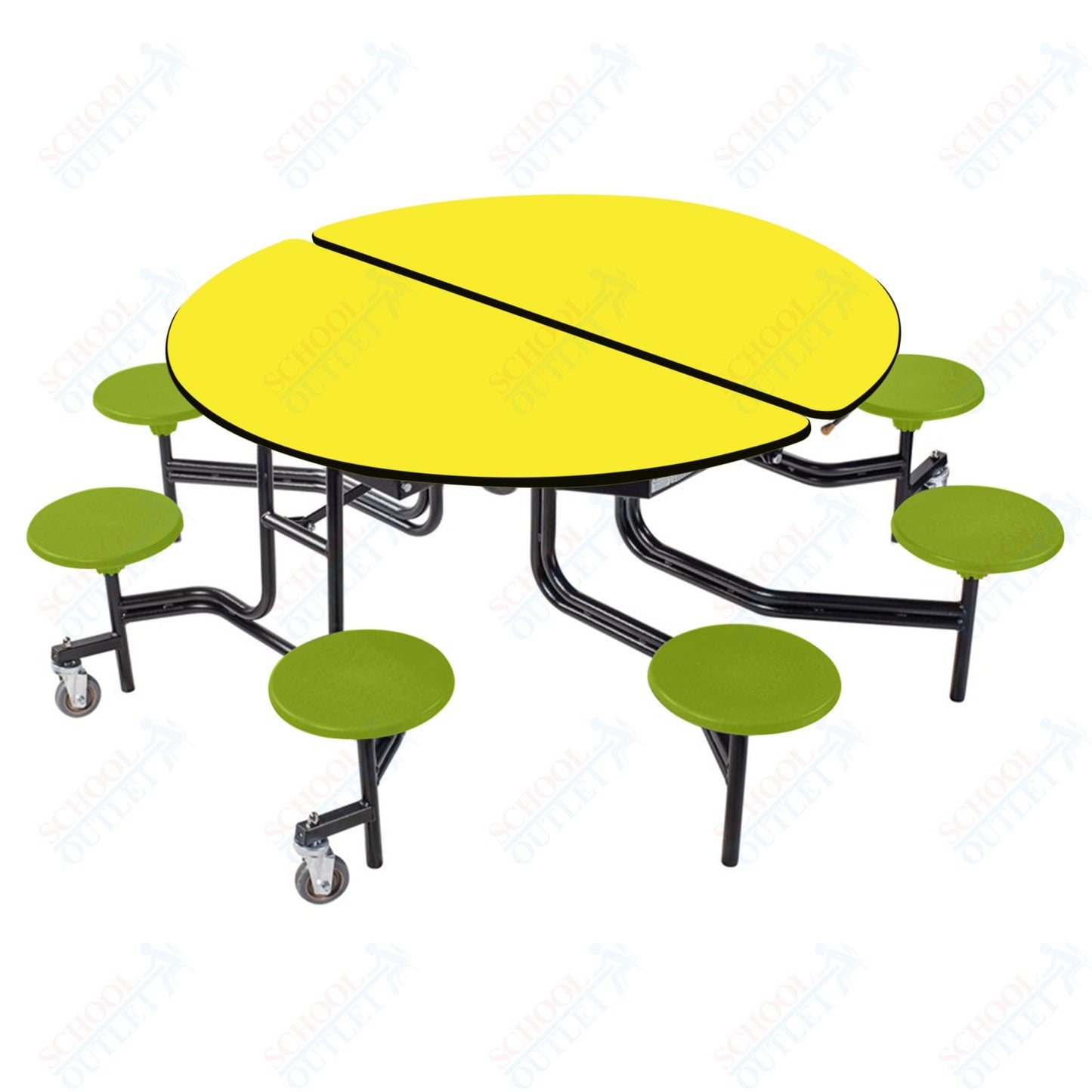 NPS 60" Round Mobile Cafeteria Table - 8 Stools - Particleboard Core - T-Molding Edge - Black Powdercoated Frame