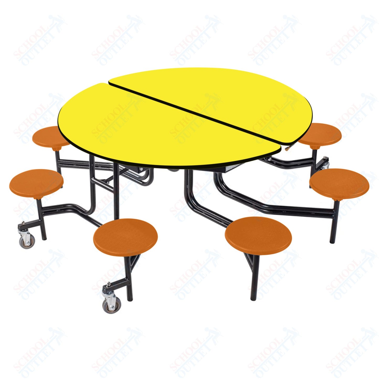 NPS 60" Round Mobile Cafeteria Table - 8 Stools - Particleboard Core - T-Molding Edge - Black Powdercoated Frame
