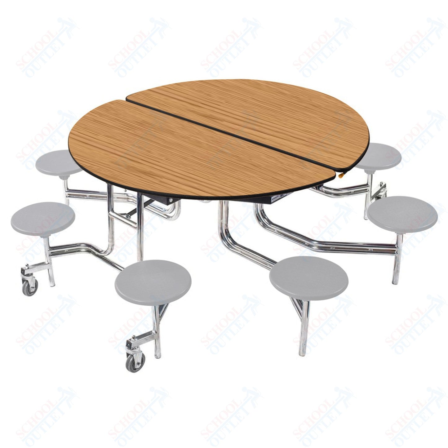 NPS 60" Round Mobile Cafeteria Table - 8 Stools - Plywood Core - Protect Edge - Chrome Frame