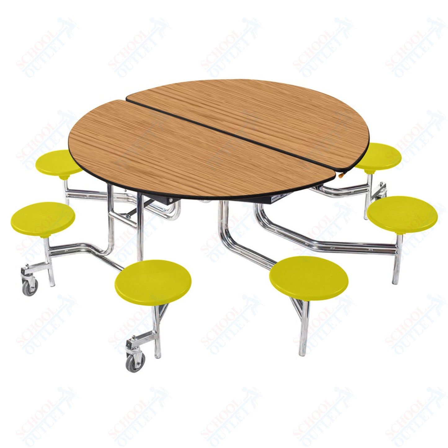 NPS 60" Round Mobile Cafeteria Table - 8 Stools - Plywood Core - Protect Edge - Chrome Frame