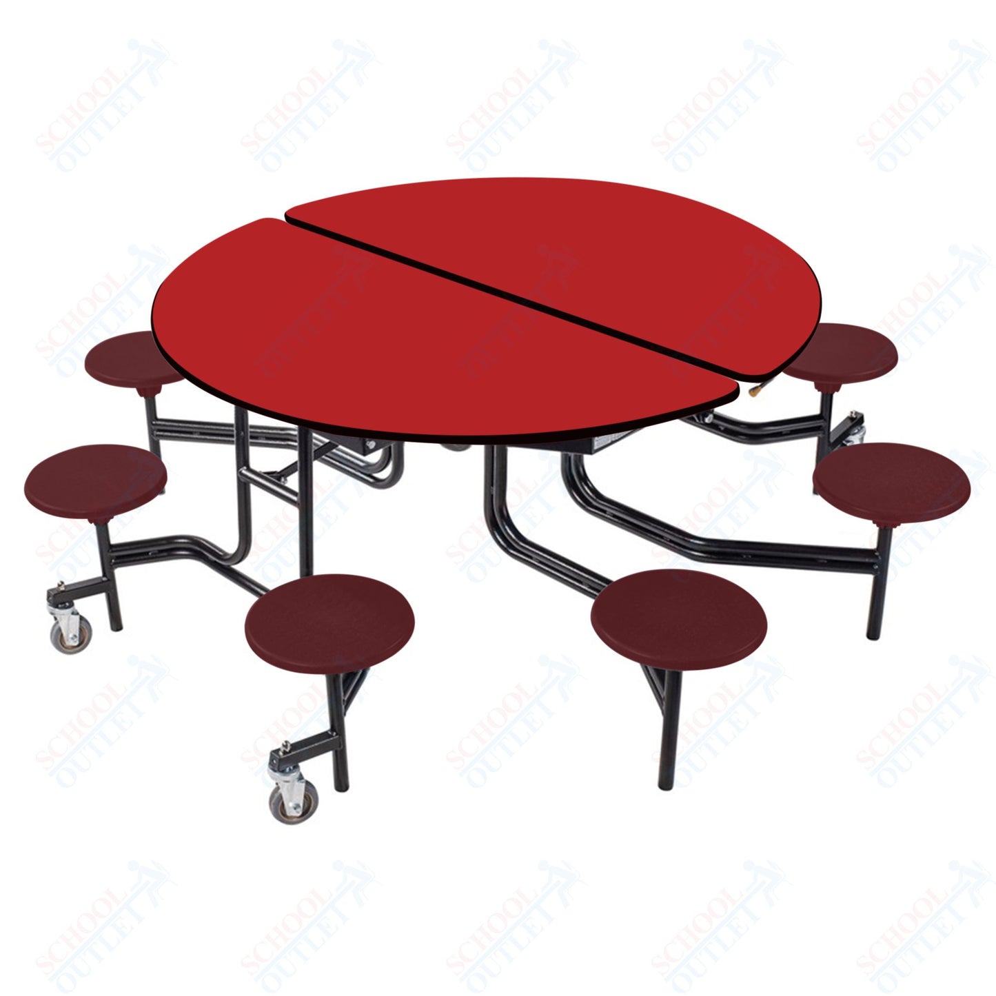NPS 60" Round Mobile Cafeteria Table - 8 Stools - Plywood Core - Protect Edge - Black Powdercoated Frame