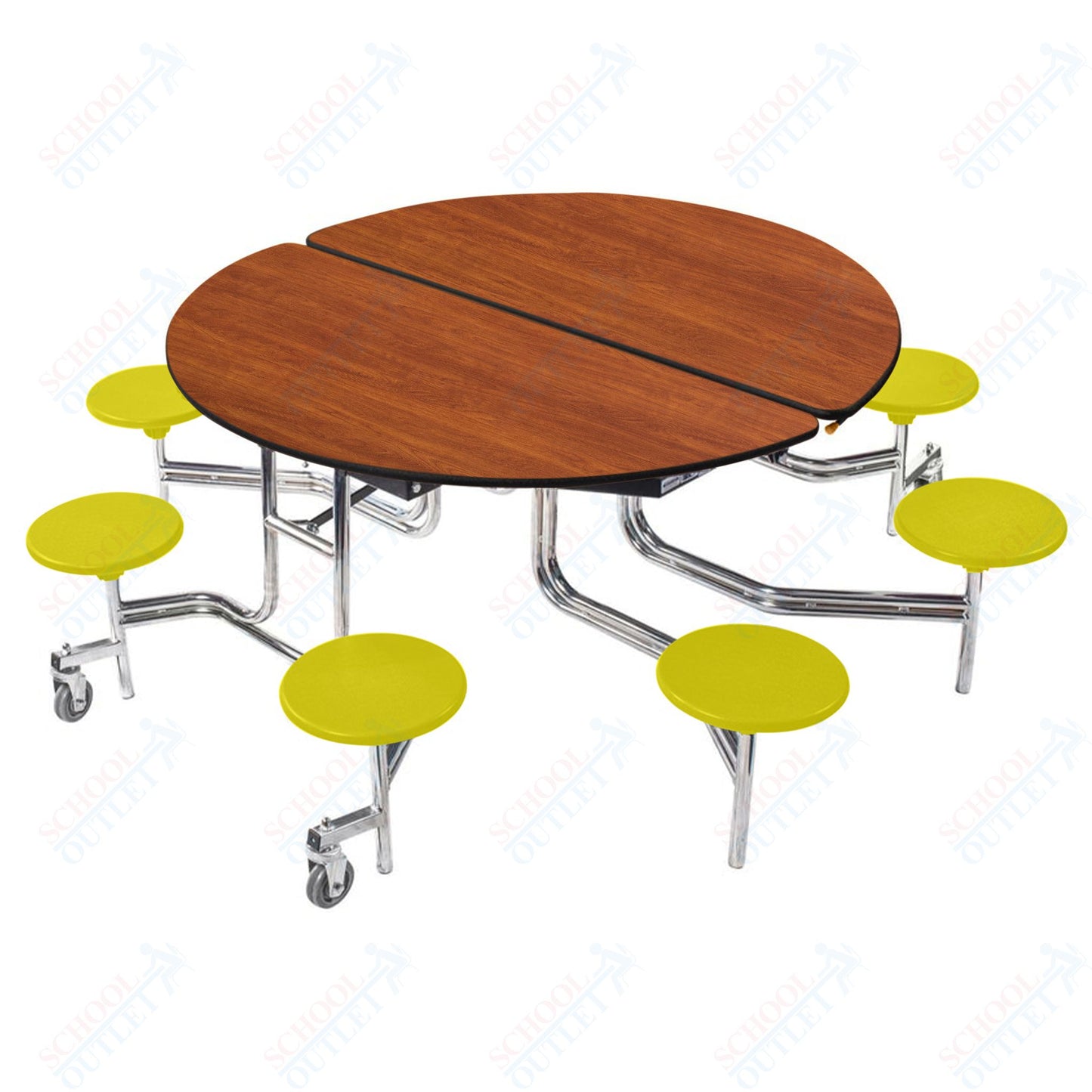 NPS 60" Round Mobile Cafeteria Table - 8 Stools - Plywood Core - T-Molding Edge - Chrome Frame