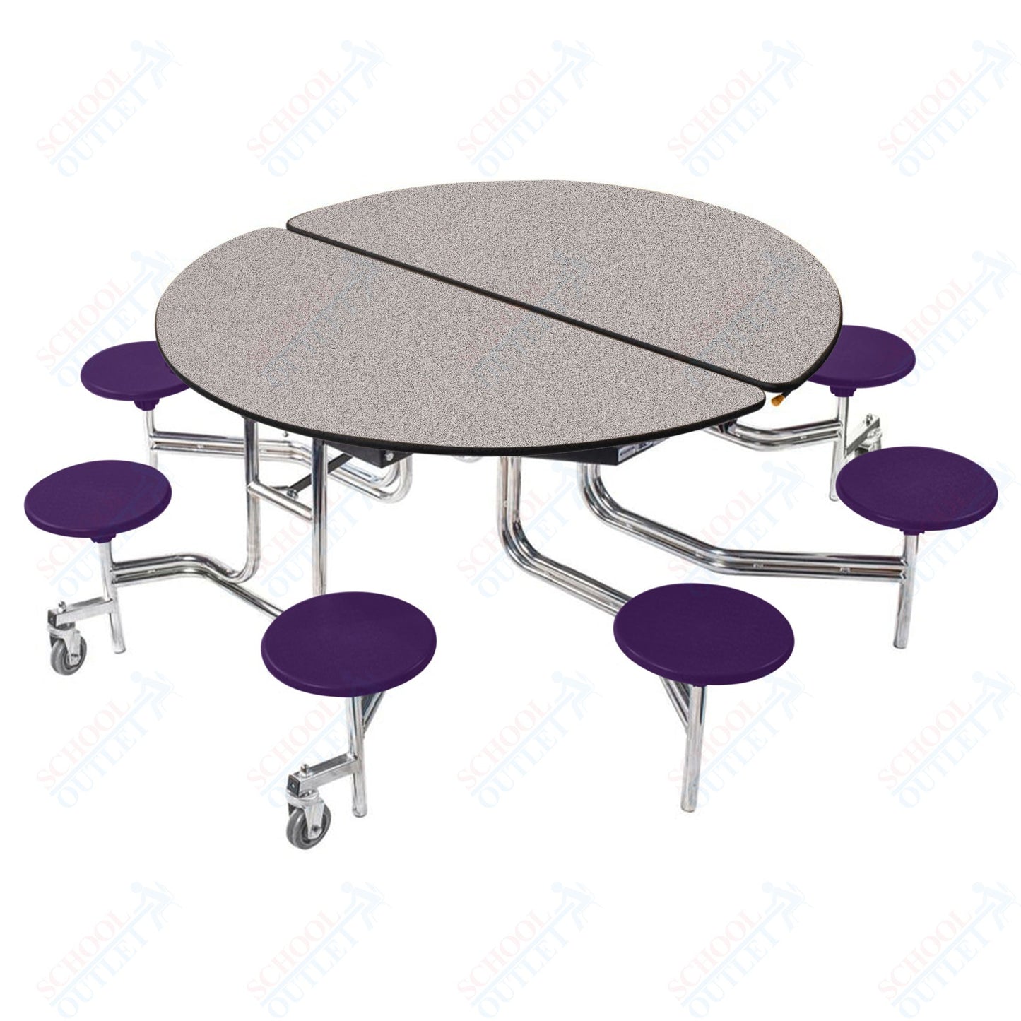 NPS 60" Round Mobile Cafeteria Table - 8 Stools - Plywood Core - T-Molding Edge - Chrome Frame