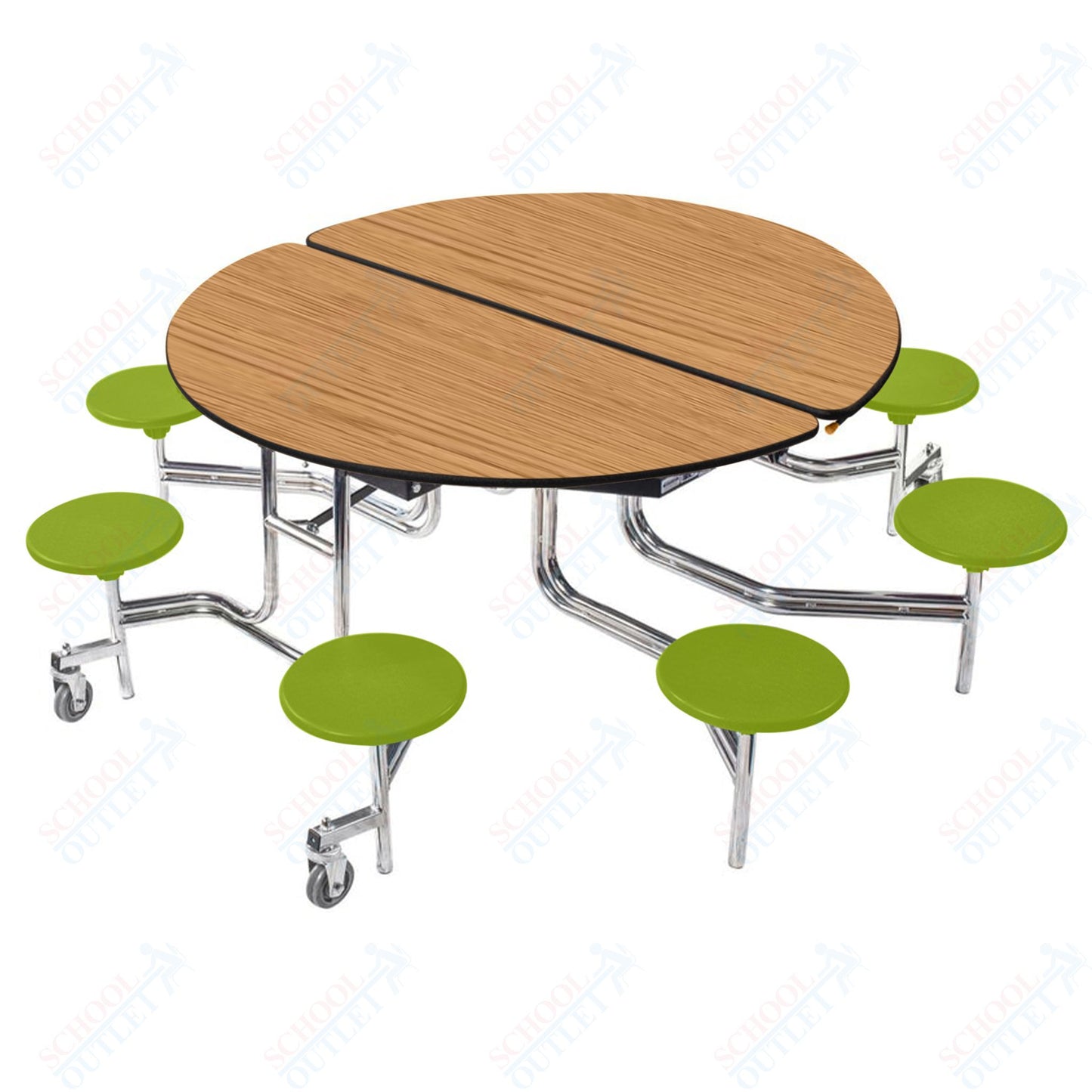 NPS 60" Round Mobile Cafeteria Table - 8 Stools - Plywood Core - T-Molding Edge - Chrome Frame