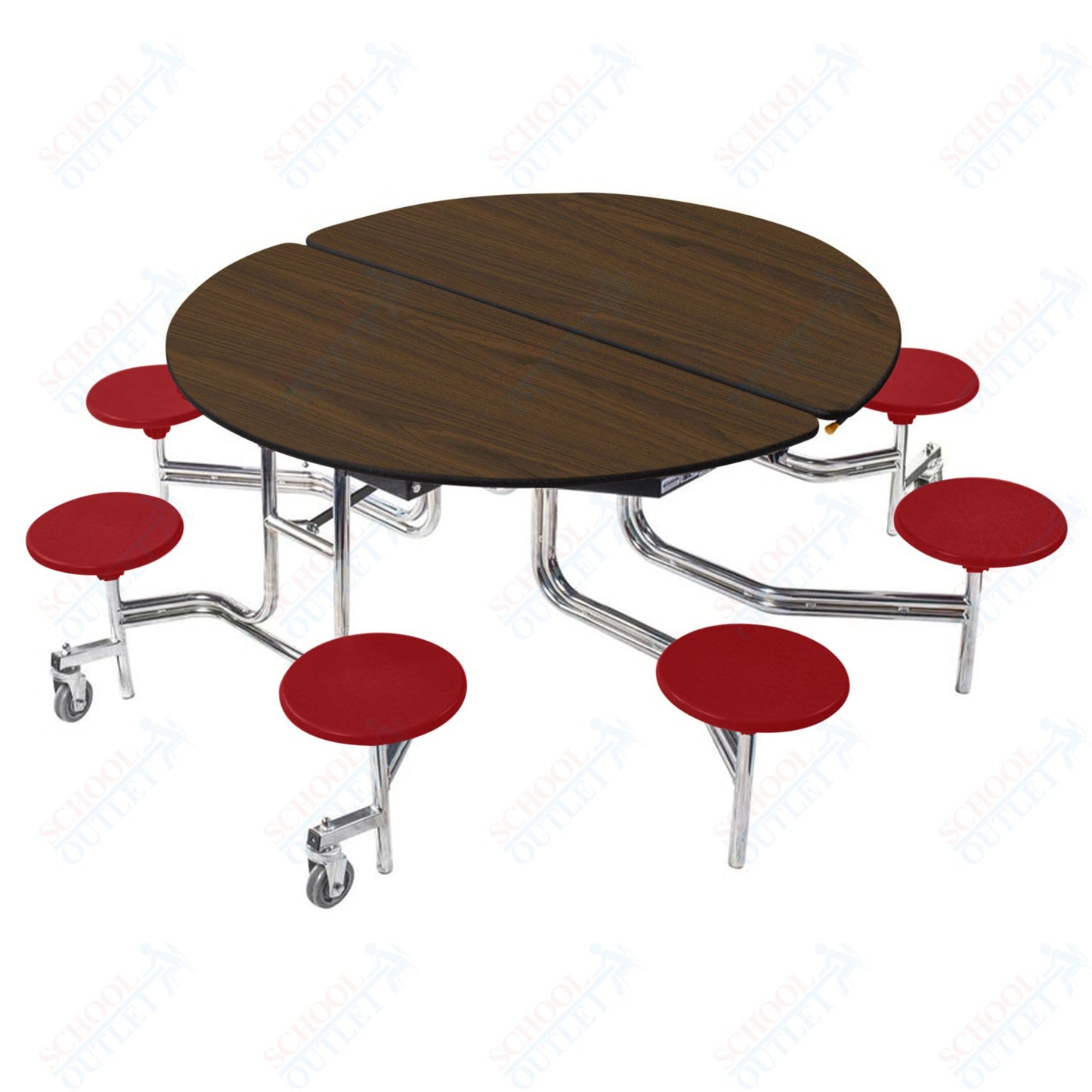 NPS 60" Round Mobile Cafeteria Table - 8 Stools - Plywood Core - T-Molding Edge - Chrome Frame
