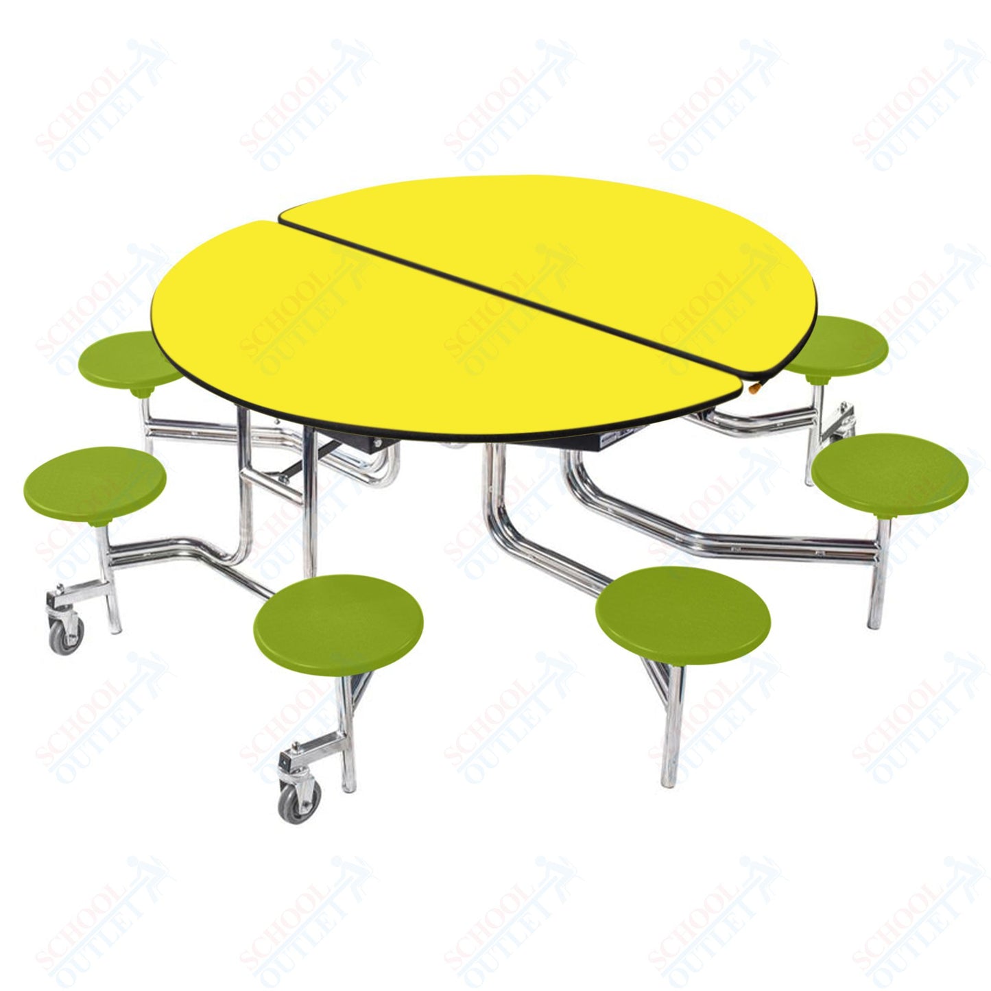 NPS 60" Round Mobile Cafeteria Table - 8 Stools - Plywood Core - T-Molding Edge - Chrome Frame