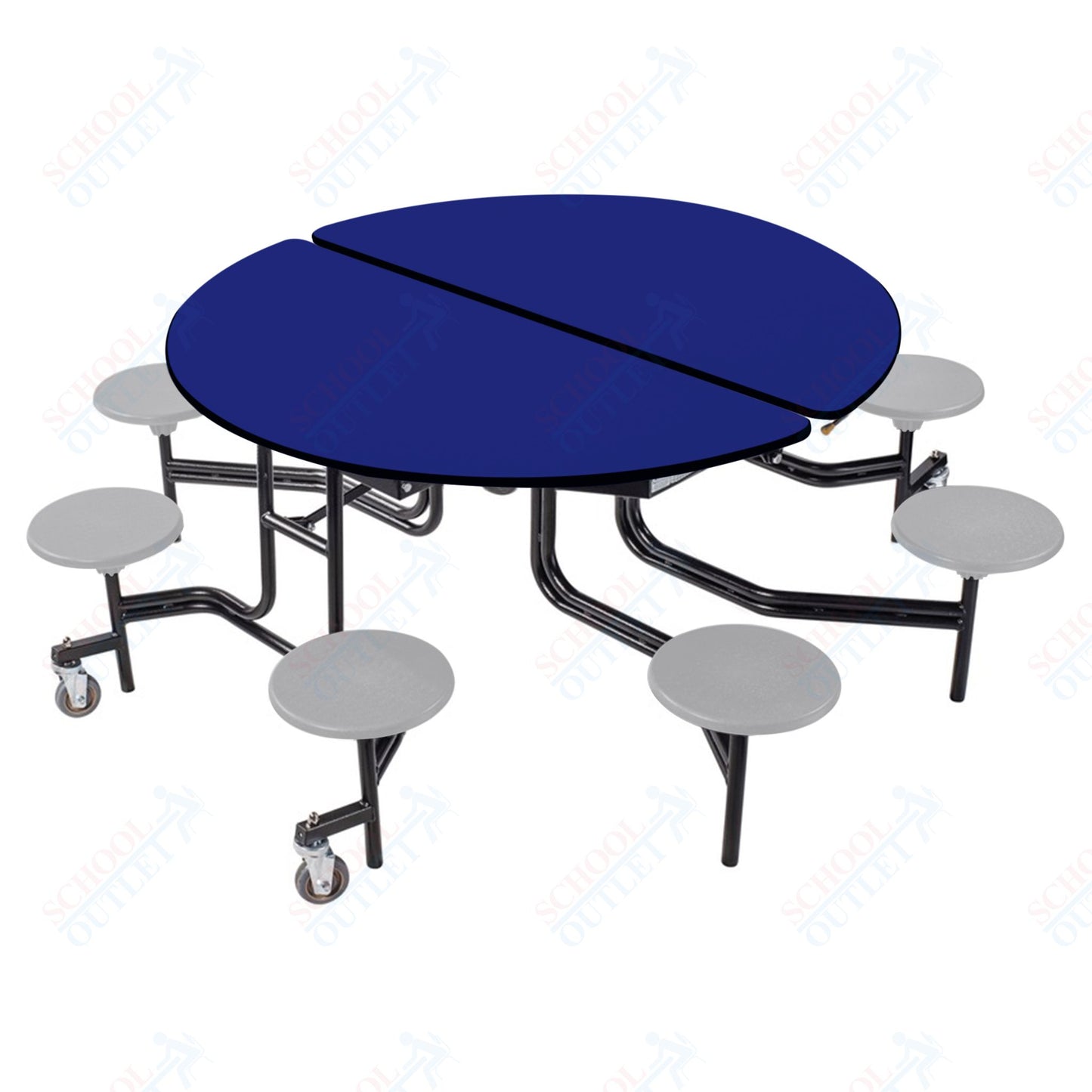 NPS 60" Round Mobile Cafeteria Table - 8 Stools - Plywood Core - T-Molding Edge - Black Powdercoated Frame