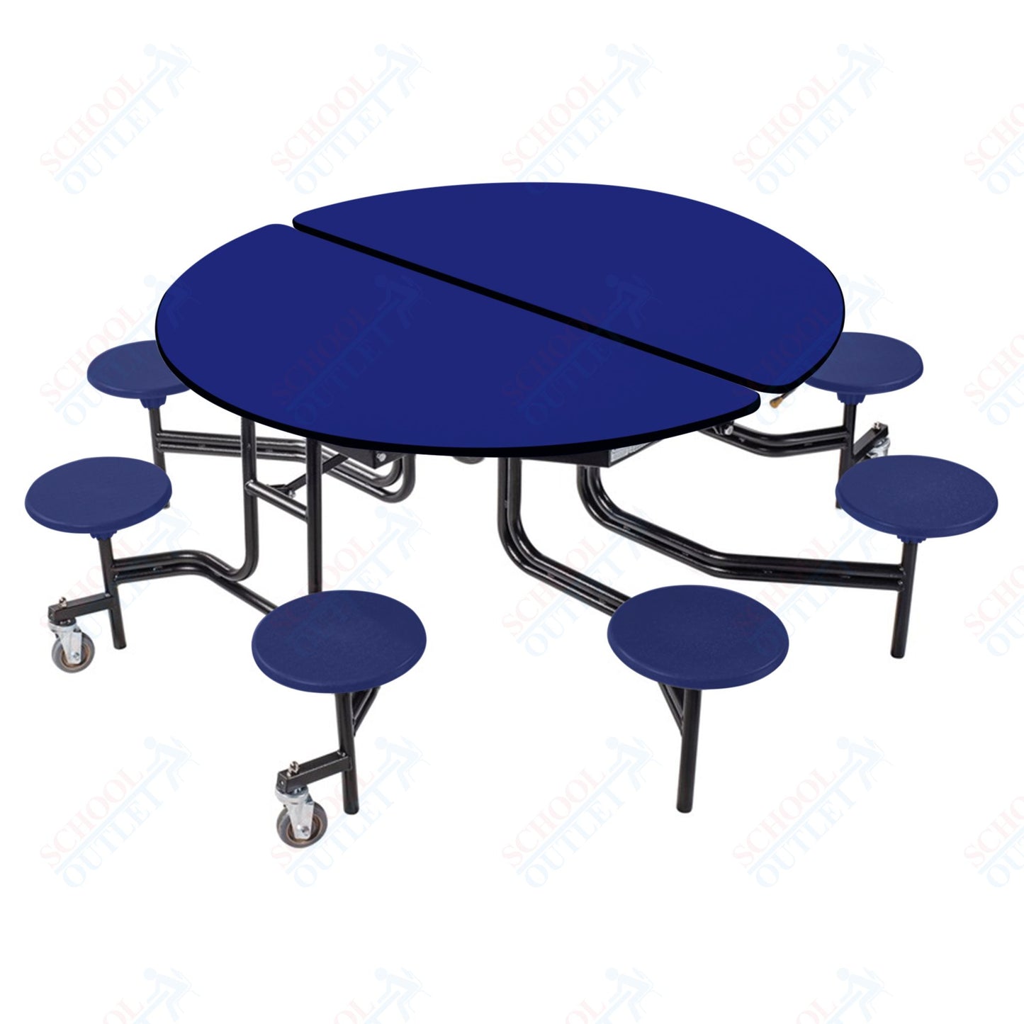 NPS 60" Round Mobile Cafeteria Table - 8 Stools - Plywood Core - T-Molding Edge - Black Powdercoated Frame