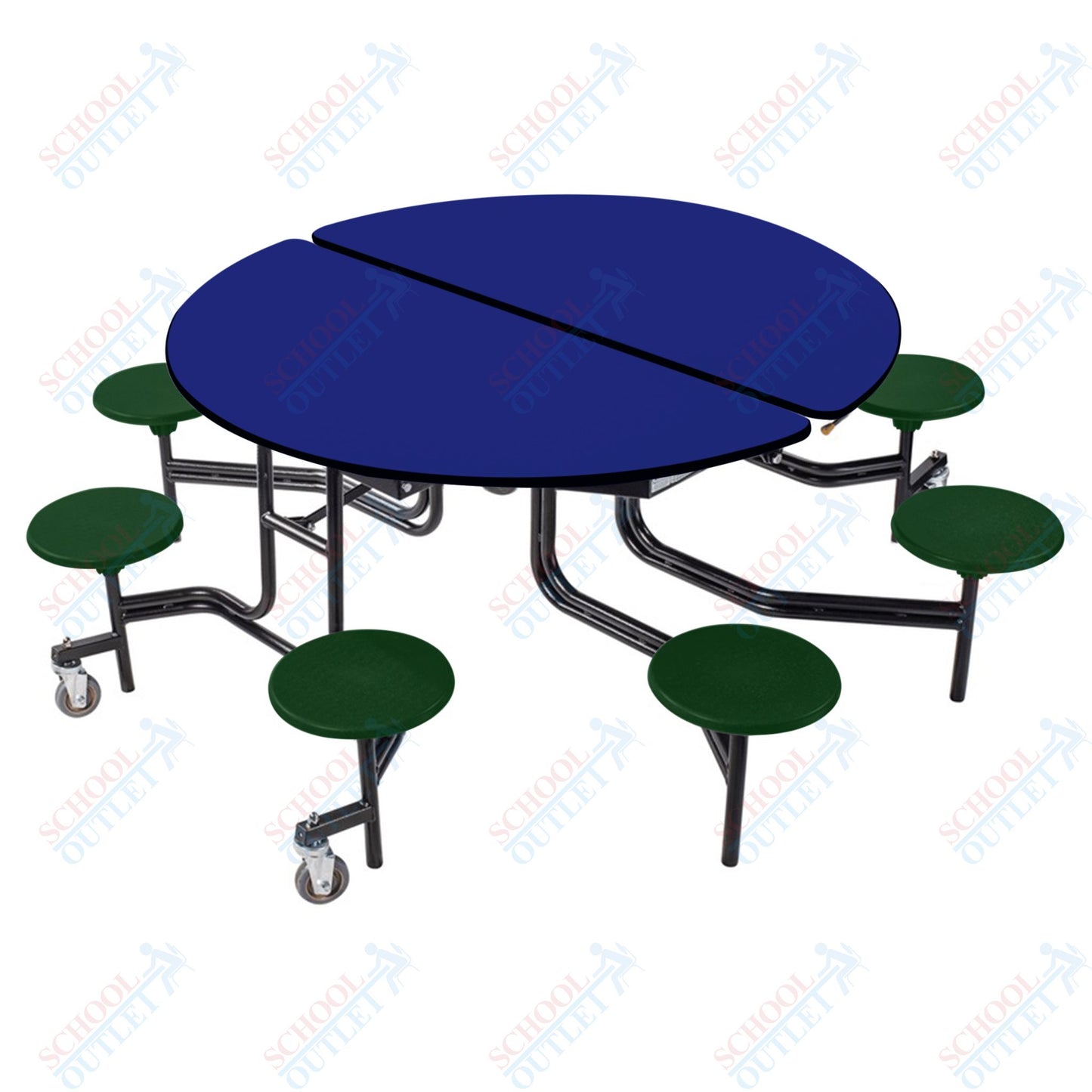 NPS 60" Round Mobile Cafeteria Table - 8 Stools - Plywood Core - T-Molding Edge - Black Powdercoated Frame