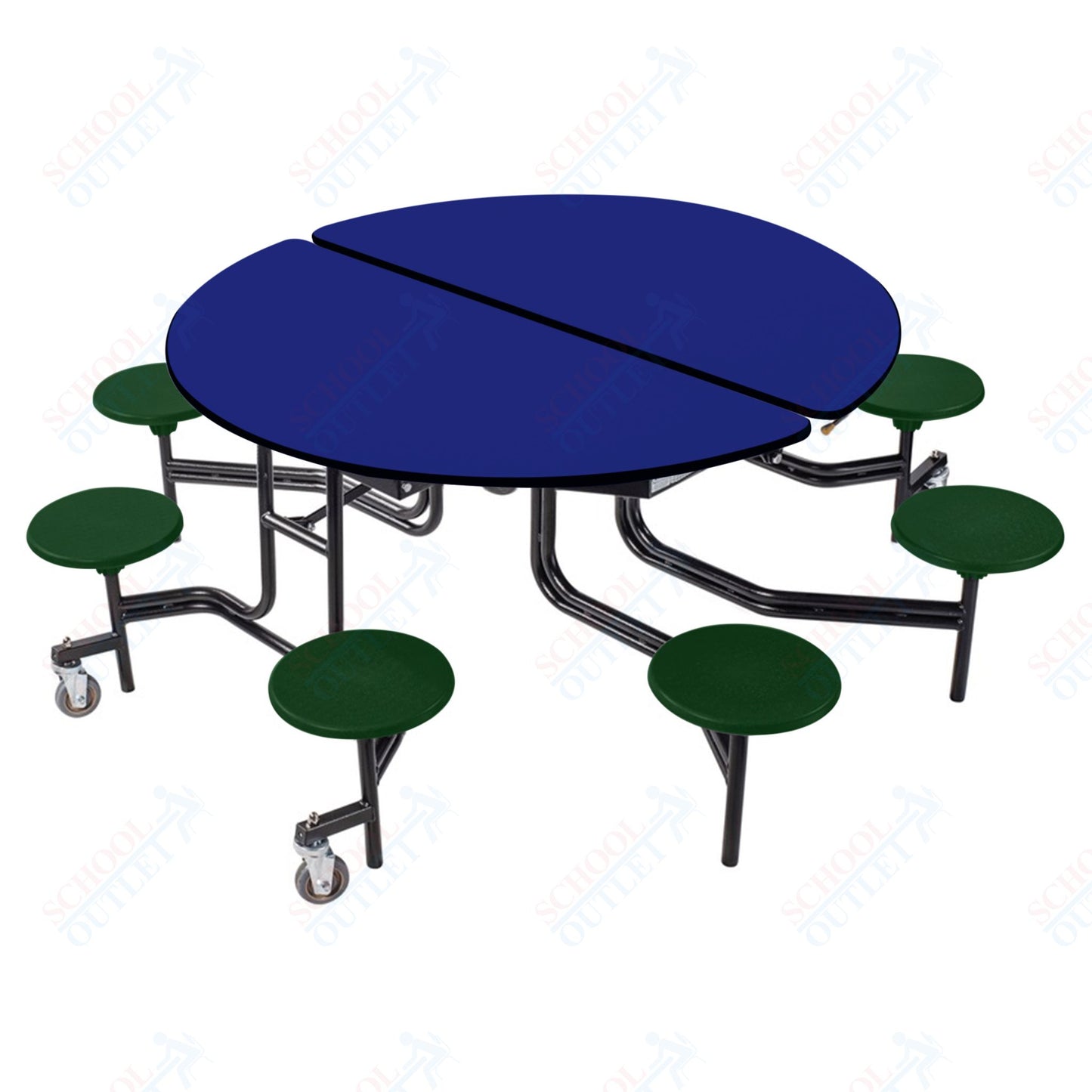 NPS 60" Round Mobile Cafeteria Table - 8 Stools - Plywood Core - T-Molding Edge - Black Powdercoated Frame