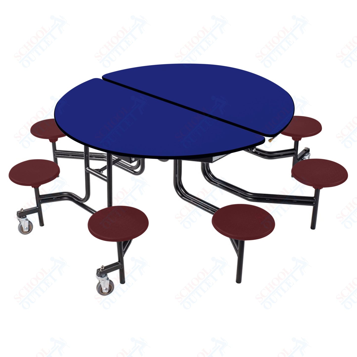 NPS 60" Round Mobile Cafeteria Table - 8 Stools - Plywood Core - T-Molding Edge - Black Powdercoated Frame