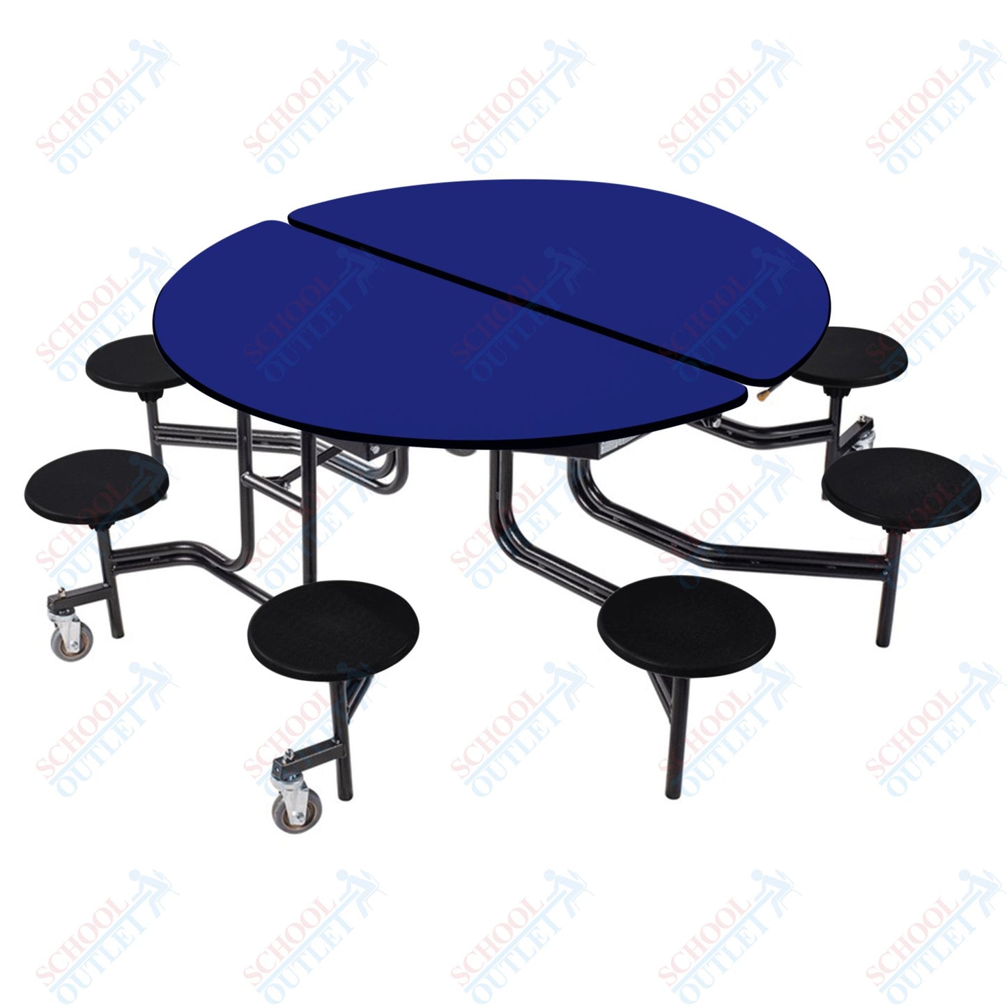 NPS 60" Round Mobile Cafeteria Table - 8 Stools - Plywood Core - T-Molding Edge - Black Powdercoated Frame