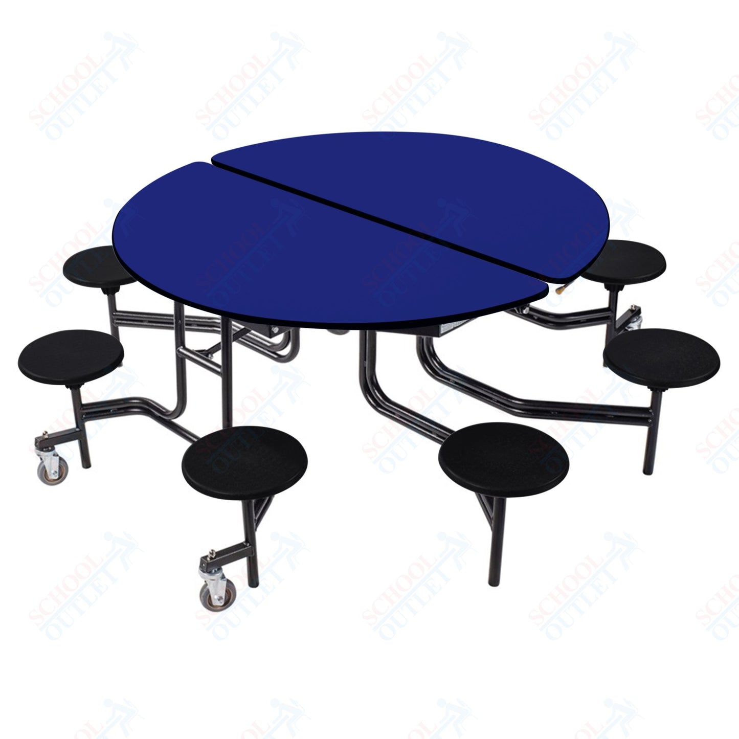 NPS 60" Round Mobile Cafeteria Table - 8 Stools - Plywood Core - T-Molding Edge - Black Powdercoated Frame