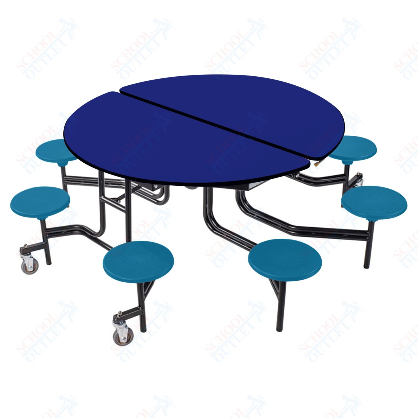 NPS 60" Round Mobile Cafeteria Table - 8 Stools - Plywood Core - T-Molding Edge - Black Powdercoated Frame